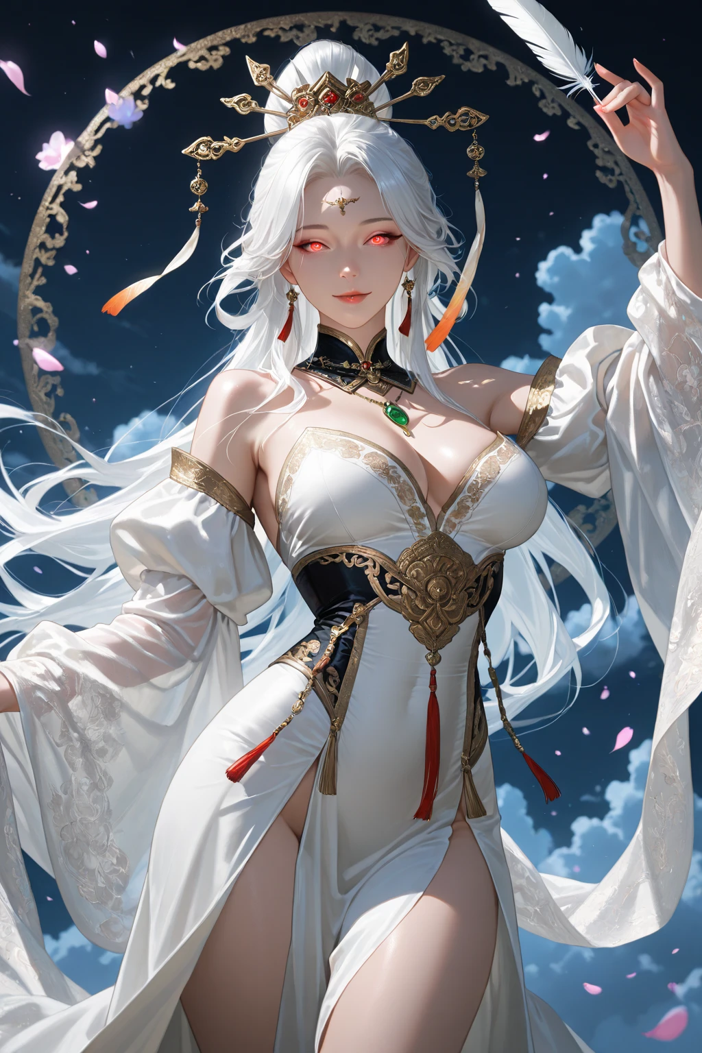 a midnight goddess, beautiful detailed eyes, beautiful detailed lips, extremely detailed face and features, long flowing hair, flowing robe, ghostly pale skin, ethereal glowing aura, dark night sky background, twinkling stars, crescent moon, peaceful atmosphere, (best quality,4k,8k,highres,masterpiece:1.2),ultra-detailed,(realistic,photorealistic,photo-realistic:1.37),intricate details,cinematic lighting,dramatic shadows,deep rich colors,serene and mysterious