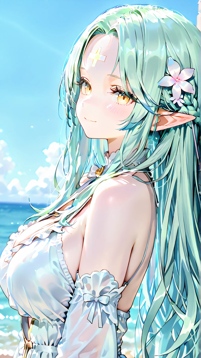 Green Hair　Long Hair　Elf　Swimwear　Back view　