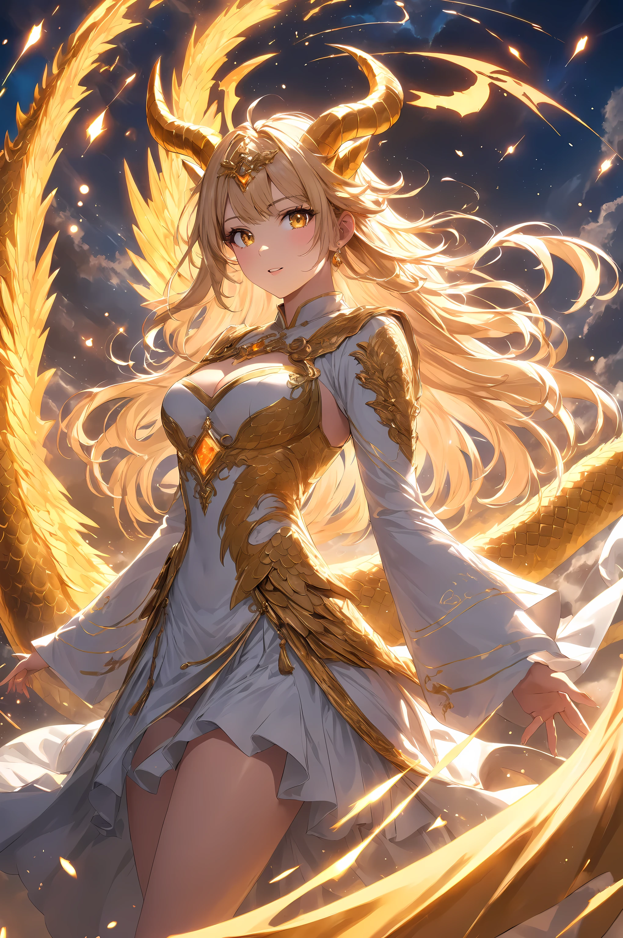 esthetic, masterpiece:1.5, anime style, Digital Painting, Highly detailed, sharp focus, HDR, cinematic lighting, Glowing ambient light, Dramatic Backlighting, 1girl, Front Map, standing pose, A scene of intense awakening from a broken sky above, An expression full of determination with wide open golden eyes, long, golden hair twirls violently, soft bang that hangs over the forehead, from a broken sky above, layered skirt flutters in a magical wind, streaks of light coming out of the glowing bracelet, translucent, shining dragon wings spread wide, A dragon horn shining from the head, A long golden dragon tail swirling with magical energy, A storm of particles and magic sparks shining around her, A heavenly themed robe with long flowing sleeves and lavishly embroidered、The silhouette of a giant ancient dragon can be seen in the golden light, A mysterious aura intensifies, energy crackles from the ground, (detail eyes:1.3), (detailed skin textures:1.2), artist:dinosaur (dinosaurartforame), artist:Mika Pikazo