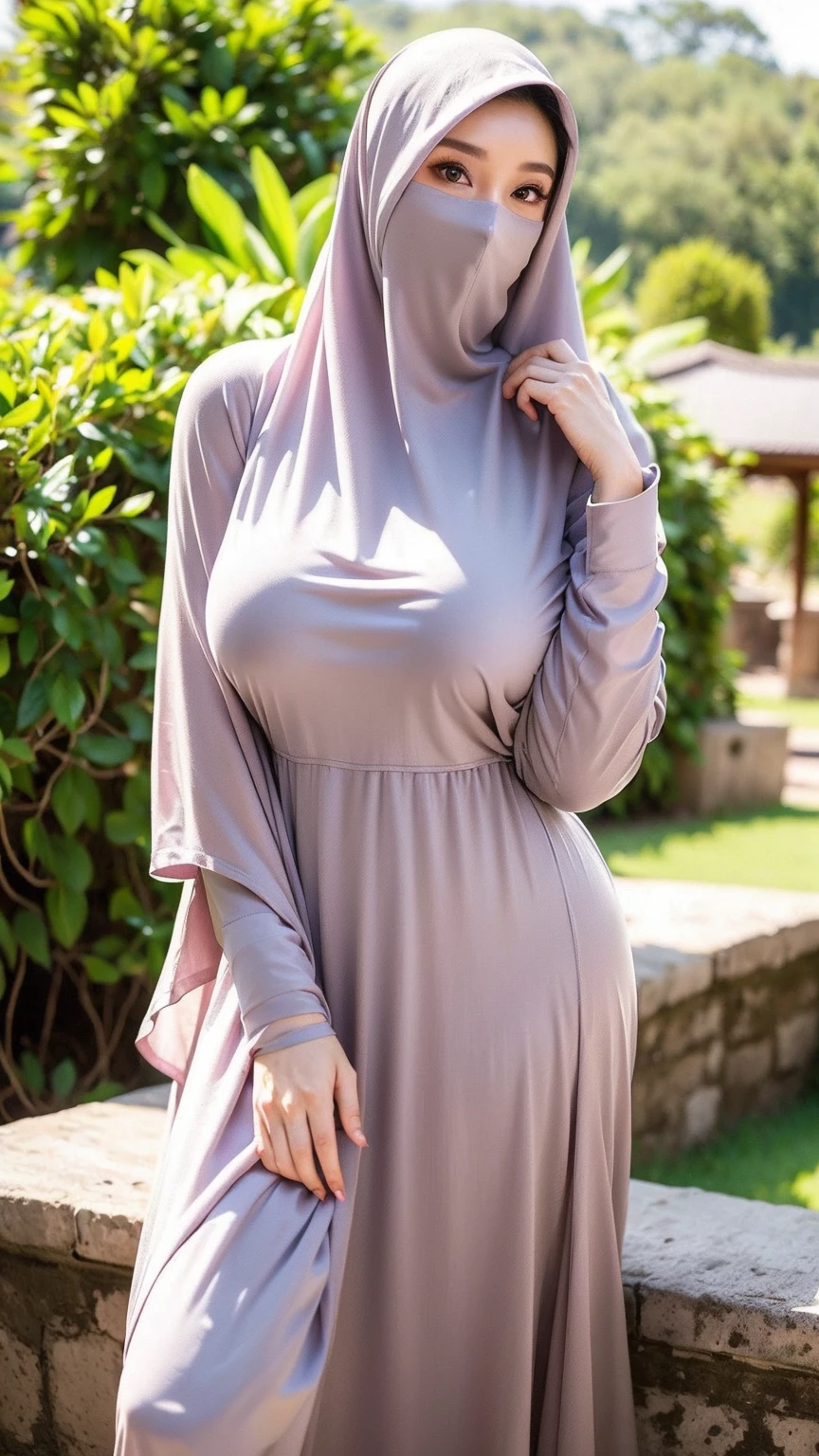 RAW, Best quality, high resolution, Masterpiece: 1.3), Beautiful Malay woman in hijab, Masterpiece, Perfect slim body, ((Big breasts)), Beautiful big eyes, water eyes, Soft smile, ((wearing tight red pastel floral malay gamis with closed hijab)), simple diamond necklace, ((closed clothes), ((polite clothes)), windy, skin details, skin texture details, wide hips, thick thighs, sexy body, morning time, laughing, happy, bright sunlight, flower garden path, blurred background, bokeh,