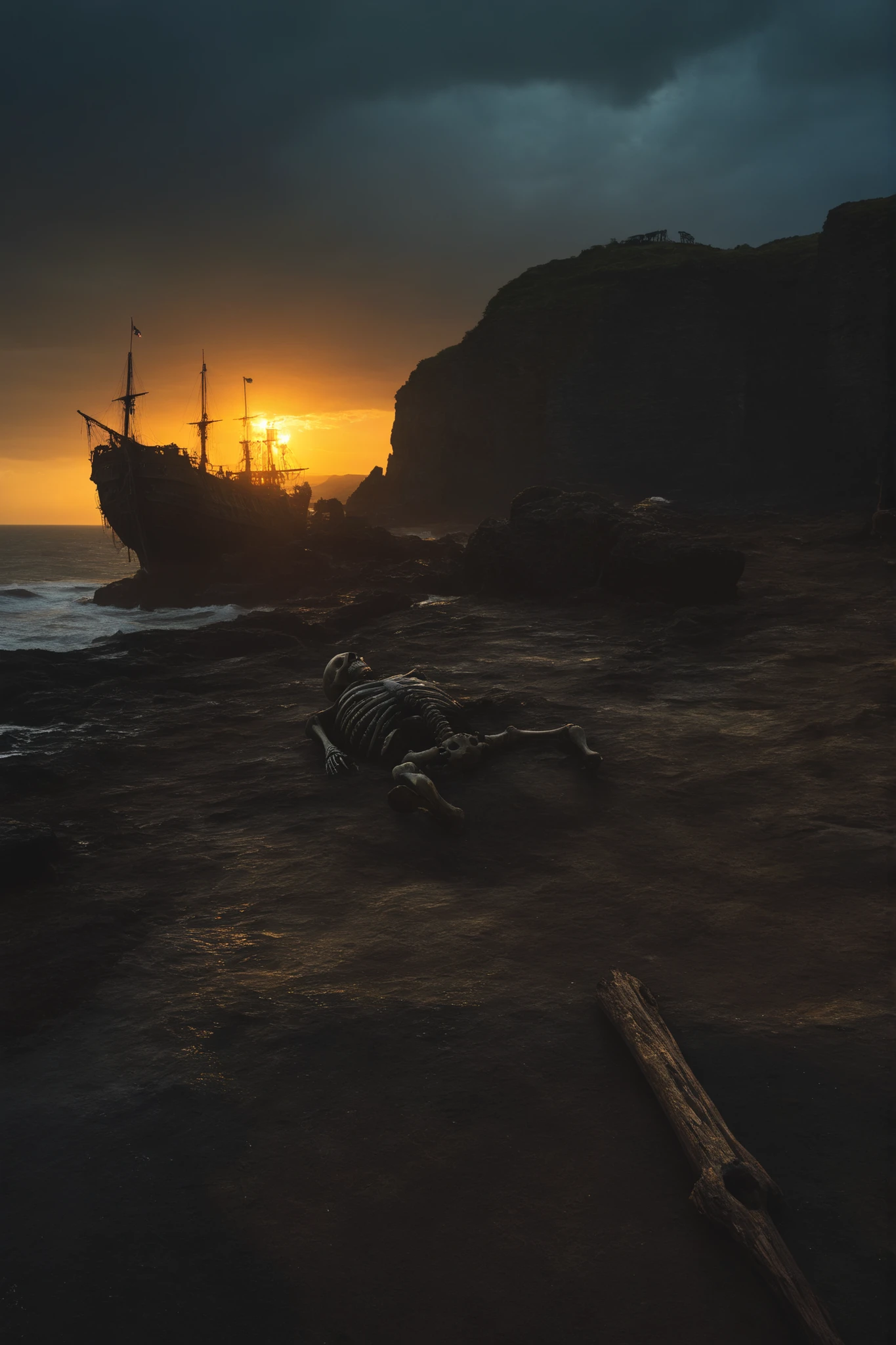 horror scene,Sunset、pirate、storm、pirate船、Skeleton、Ghost Ship, High quality 4K, Extreme detail, Photo-Level Reality, HDR, Professional Photography , Vivid Color, Bokeh, Marine Scene, harsh cliff rocks, Dark cloudy sky, Creepy atmosphere, Miscellaneous complex shadows, Surrealism, painting