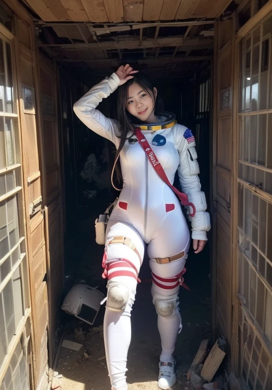 (smile)、((Staring at the audience))、((Wearing a space suit standing on the moon)),(((Grey Bikini)))、Spacewalk、wear spacesuits, 白いDressed in an astronaut costume, Cute girl in a tank top, girl in space, In space, ((Dressed in an astronaut costume)), woman astronaut, ((月面でOpen Stance))、(( young woman's body:1.4))、Large 、The navel is clean、I can see your belly、Open Stance、