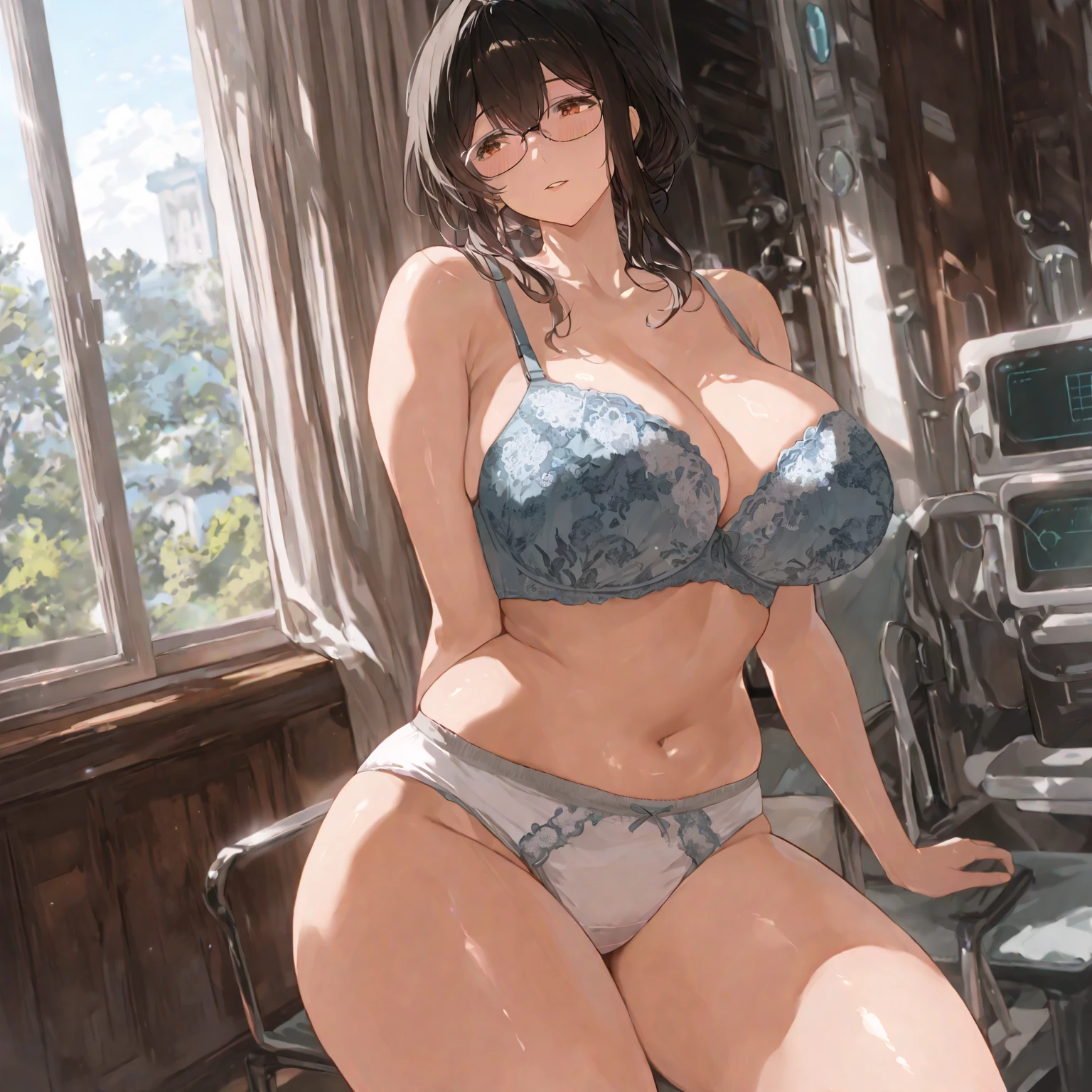 Secretary outfit，sexy beauty ,，A woman sitting on a ledge，legs crossed，With sky background,，brown hair，wearing glasses，highest quality，masterpiece
