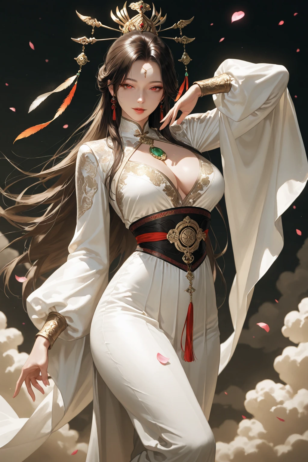 (tmasterpiece, quality, Best quality at best, offcial art, Beautiful and beautiful:1.2)Meatballs on both sides，hair messy，revealing her belly，Cheongsam exquisite face，highlight thighouth drool，super Big huge tits，Super thin waist，The details were perfect，sexyposture