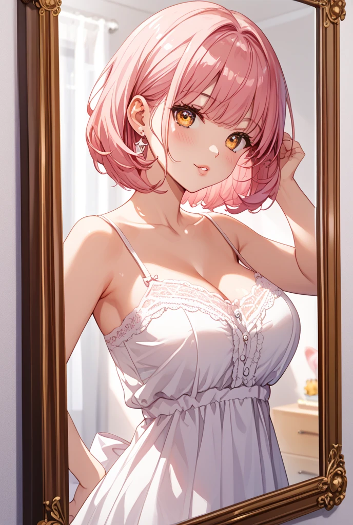3 girls, medium Hair, pink hair, cute white underwear, cute white dress, smile, ((32K)), ((best quality)), ((ultra high res)), ((HDR)), ((uhd)), ((extremely detailed CG)), ((unity 32K wallpaper)), ((perfect ???????)), (cowboy shot), (to be reflected in a mirror ),
