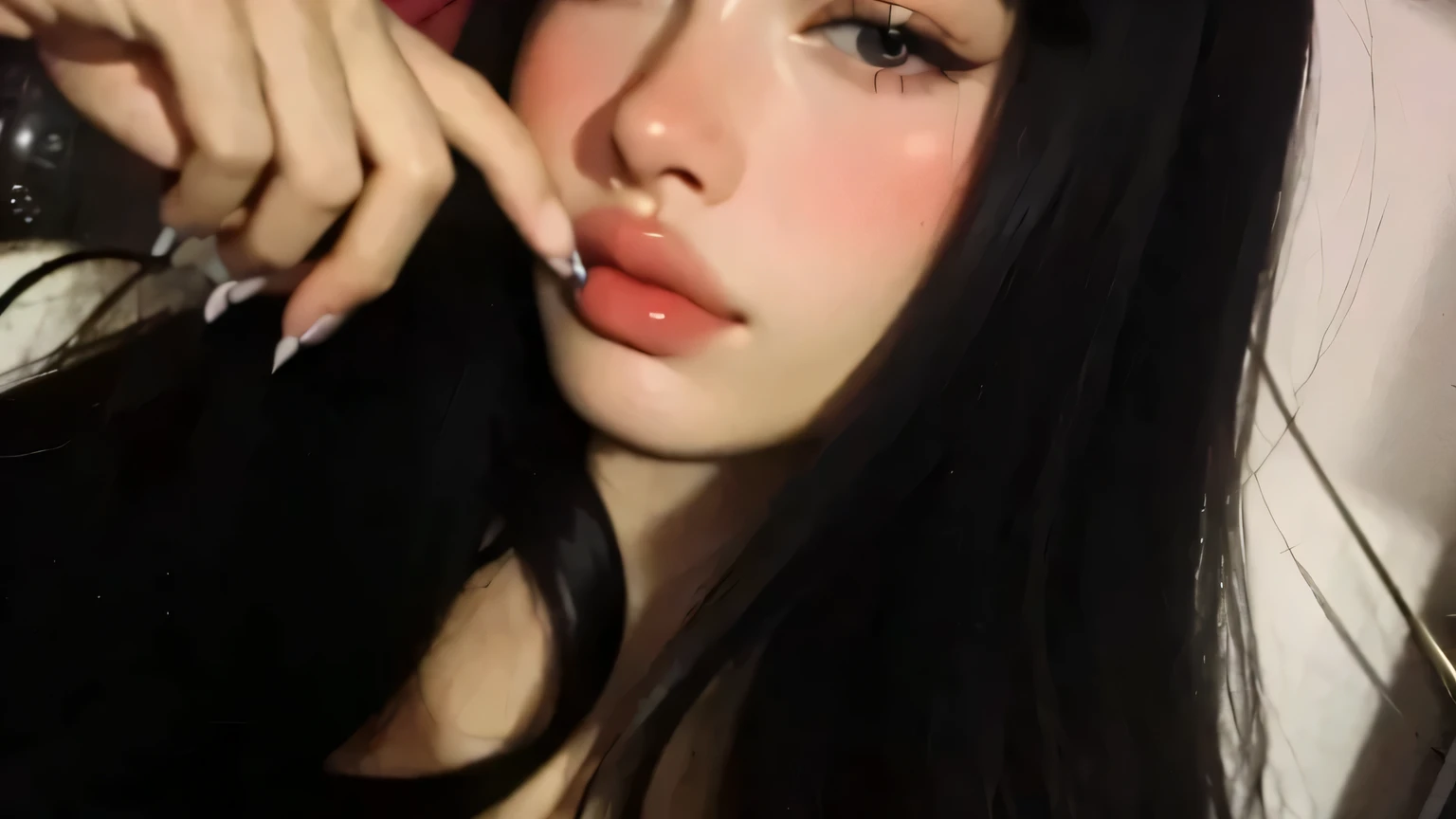 Araffe Asian woman with long black hair and a pink shirt, cruel korean goth girl, ulzzang, goth girl aesthetic, long claws, with index finger, It&#39;s Junji&#39;s style, Gothic aesthetic, pale gothic beauty, 👅 👅, with fingers, anime vibes, e - girl, aesthetic, e-girl, the hime cut, shikamimi