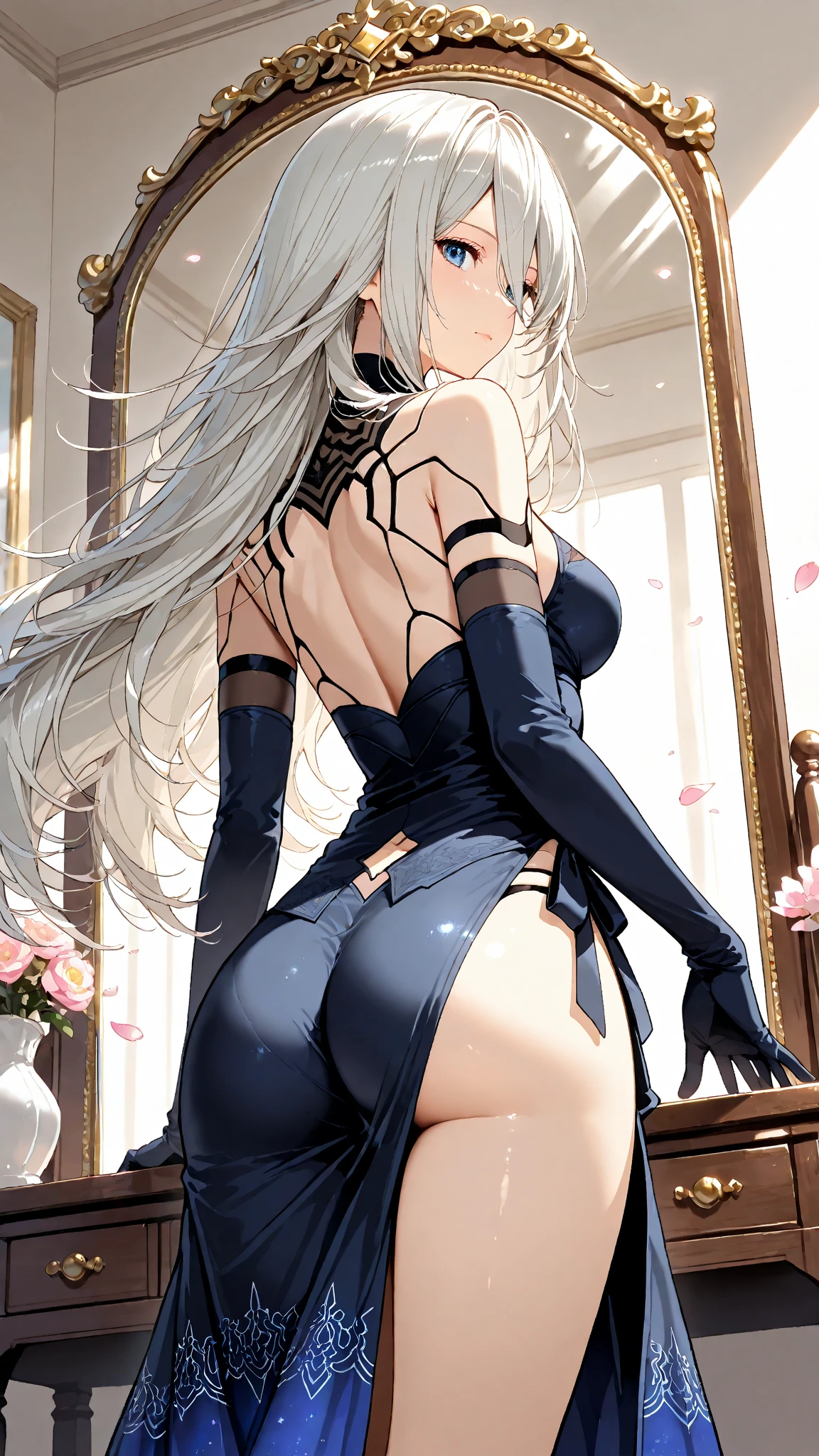 [(Transparent Background: 1.5)::5],(((Masterpiece))),(((Best Quality))),(((Extremely Detailed))), Illustration, (High Resolution), High Quality, Perfect Line Art,  1girl aqua_eyes ass bent_over black_legwear blue_eyes blush breasts cameltoe clothes_pull clothing female garter_straps habit headdress headwear hips huge_ass huge_breasts indoors lace lace_trim lace-trimmed_legwear large_breasts legwear lingerie long_hair looking_at_viewer looking_back musical_note no_bra nun pale_skin pale-skinned_female pantsu panty_pull perky_breasts plump_labia pussy_bulge revealing_clothes ribbon see-through sideboob silver_hair skimpy skindentation smile star star-shaped_pupils star_(symbol) stockings string_panties symbol-shaped_pupils thick_thighs thighhighs thighs thong underboob underwear underwear_pull white_hair wide_hips high_resolution very_high_resolution