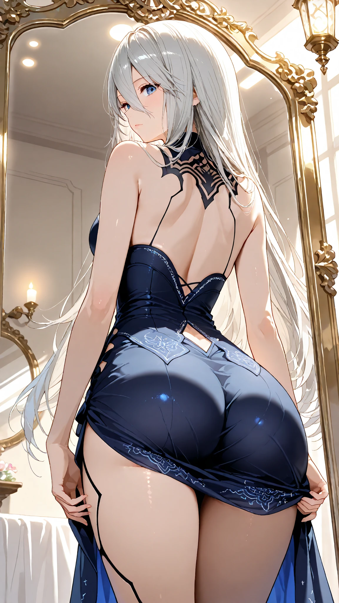 (best quality:1.5),(masterpiece:1.3),(illustration:1.4),(ultra-detailed:1.4),beautiful detailed eyes,(Gothic:1.4), (Extremely detailed background:1.3),(forest:1.4),(mountain:1.2), night, moon,castle on the distant mountain, (bent over:1.5),(butt:1.4),looking back, (raise butt:1.4),(close to the butt:1.5), (1girl in Balcony:1.6),Balustrades on balcony,(wariza:1.4),(sitting:1.5) (1girl:1.5),(solo:1.5),(white hair:1.2),(long hair:1.3),full body,black stocking, tulle,dress,Bodysuit,back cutout,clothing cutout, --auto --s2