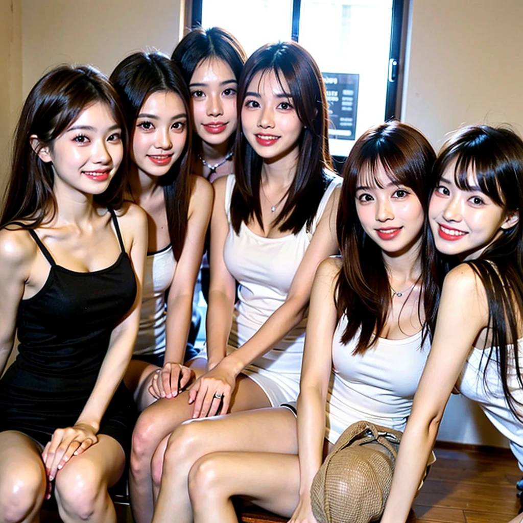 masterpiece, Ultra-high resolution, Original photo, Ultra-high resolution，3 Girls, ((Multiple Girls group)), slender body, high waist，Flashy makeup，shy smile，flowing hair，whole body visible，sports hall background，topless nude, miniskirt, pop-idols, different faces, small breasts, group dance, sexy