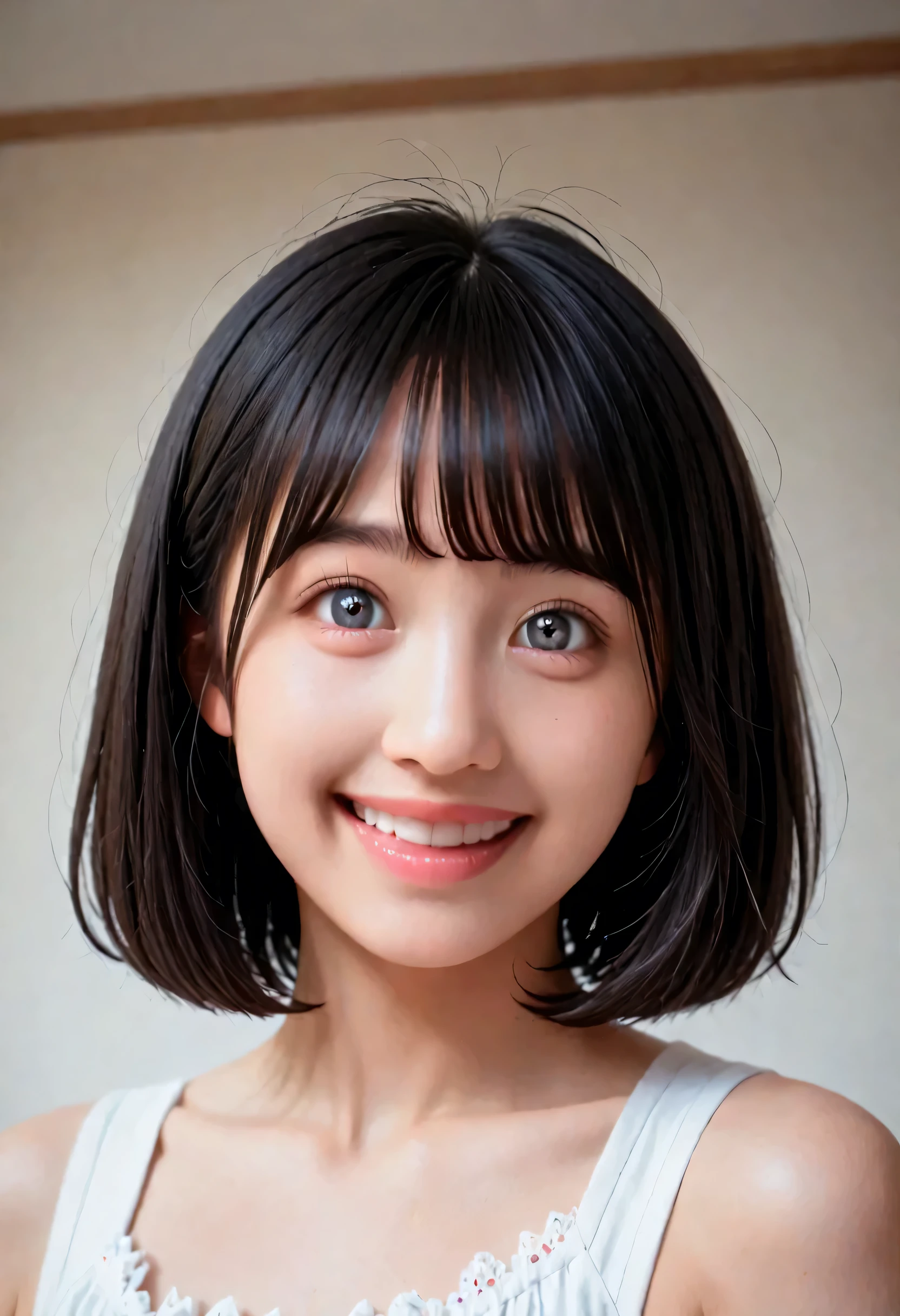 (very detailed}, , {Highest Quality}, {Super High Quality}, {highest resolution}, {{{sharp focus:pupil}}, {{16k}}, {{Realistic and Stunning Portrait of a Japanese High School Student: 2.0}}}, ((bust up:2.0))), {{Happy Smile: 2.0}}, {detailed facial depiction}}, {{detailed eye description, big eyes with double eyelids}}, {Thick Lips:Lipstick}, black hair}}, {{black pupil:0.8}}}, {Naked High School Girl , Mini Skirt Dress with Lots of Ruffles:18 years old:pale skin:boobs}}, {{ Fairy Inspired Outfit}}, {{Unrealistic fairy-tale space}}, {{))), {very fantastic, depth of field photo}}, {{{Bob hair with trimmed Bang: Home Cut: Bang}}}, {{viewers}},