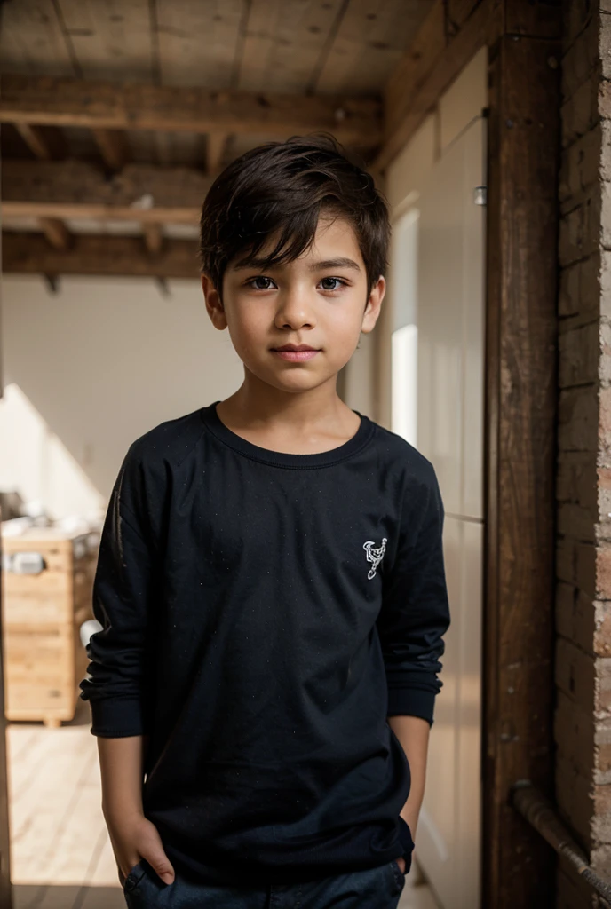 Realistic portrait of a thirteen -year-old boy, He wears a red shirt . His face is childish and exploratory . He goes out cautiously into the garden of the house, A small cat is among the bushes and he touches it cautiously ,Not facing the camera,, Hair is untidy ,