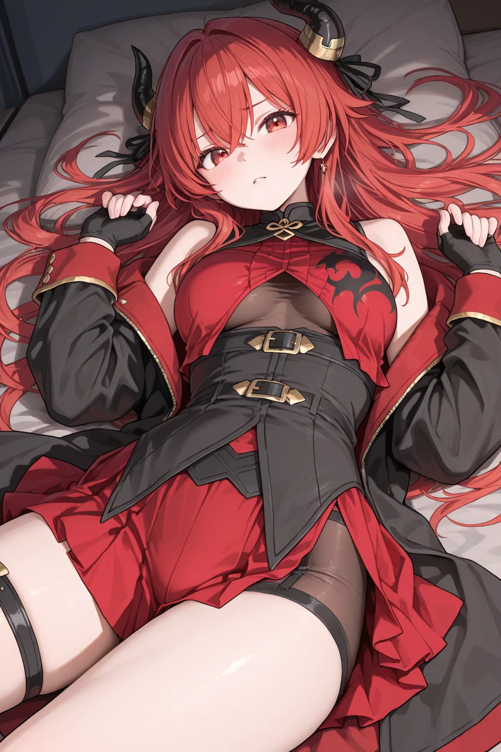 Izayoi (blazblue), orange eyes, red hair, ponytail, long hair, Small breasts, armor, bodysuit, boots, skin tight, skirt, thigh boots, thighhighs, 1girl, solo, facing viewer, looking at viewer, upper body, smile, sitting