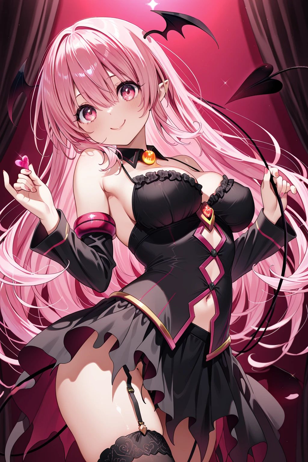 Anime illustration style,a beauty girl,demonic horns,Devil's wings on the back,（full bodyesbian）,（Draw to the toes）、Standing,（lowfers）,a smile,（blazers）,（校服）,hi-school girl、preppy style、（Short Bob）、Navel Bow Style、A little bit of sagging eyes、High skin exposure、Pink hair、Green eyes、Eyes are green、I can see the cleavage、The navel is visible、Mouth open、sticking out the tongue、I'm putting out a velo