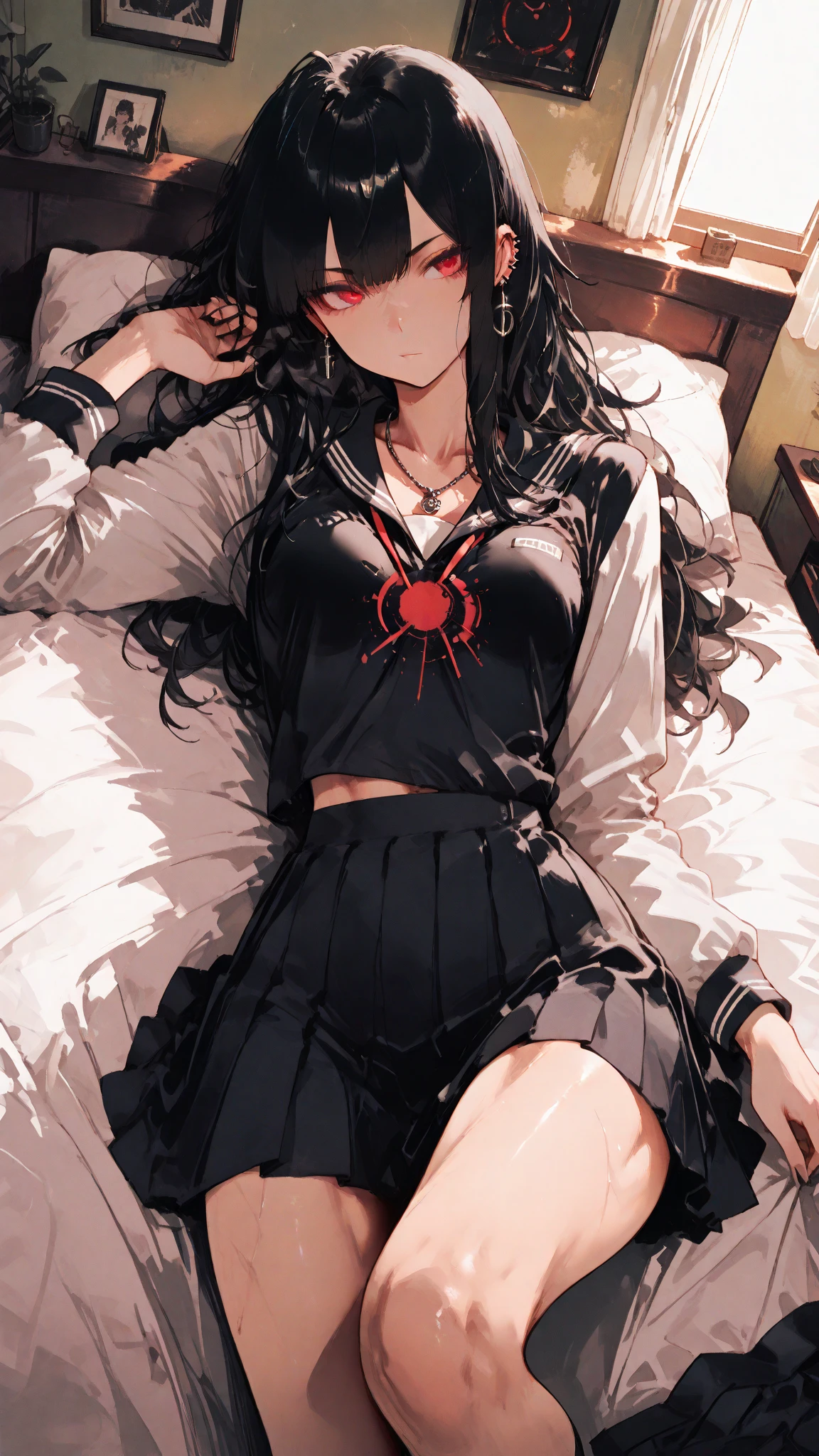masterpiece, best quality, highres, 1girl hair ornament, white shirt off shoulder suspenders black shorts black choker long sleeves jacket <lora:rouge:1> lying on back, bed sheet, arms up