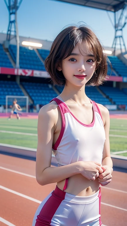 masutepiece、masterpiece、top-quality、ultra-detailliert、hight resolution、hight resolution、8K Portrait、High definition CG of Unity 8k wallpaper、Unity 8k壁纸、Highly detailed CG Unity 8k wallpaper、逼真、realperson、cute little、 Portrait photos、shinny skin、high-detail、(sixteen years old:1.2)、Beautiful clear eyes、Ultra-fine depiction、delicated face、Lovely lips、Slender body、big breasts thin waist、Thin leg、(Track and Field Arena:1.4)、(flat chest:1.8)、(Colorful athletics uniforms:1.5)、(?????? see-through:1.5)、(Big smile)、(short-hair:1.2)、(small tit)、cute face