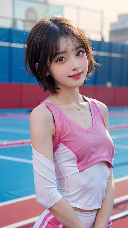 high quality, highres, 1080P, HD, 8k pretty woman, 1girl, (young,1 person）,（girl, 21 years old), Smiling face, Brown Hair,  ponytail, Pink ribbon,Cute face, (((Outdoor, Tennis court))）, ((Sleeveless tennis uniform)))、Pose with a racket、
