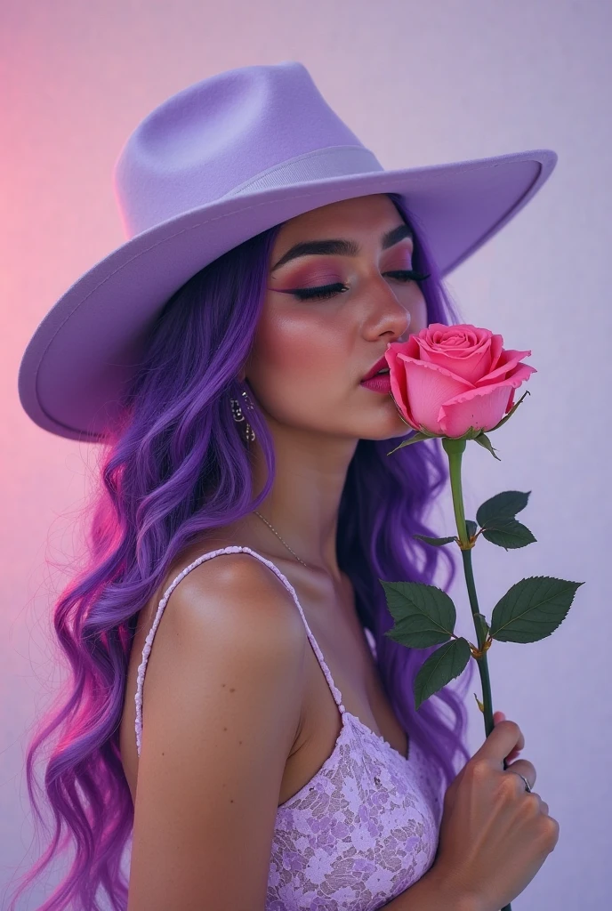 A girl amidst lots of purple roses with large breasts smiles and waves her hand
