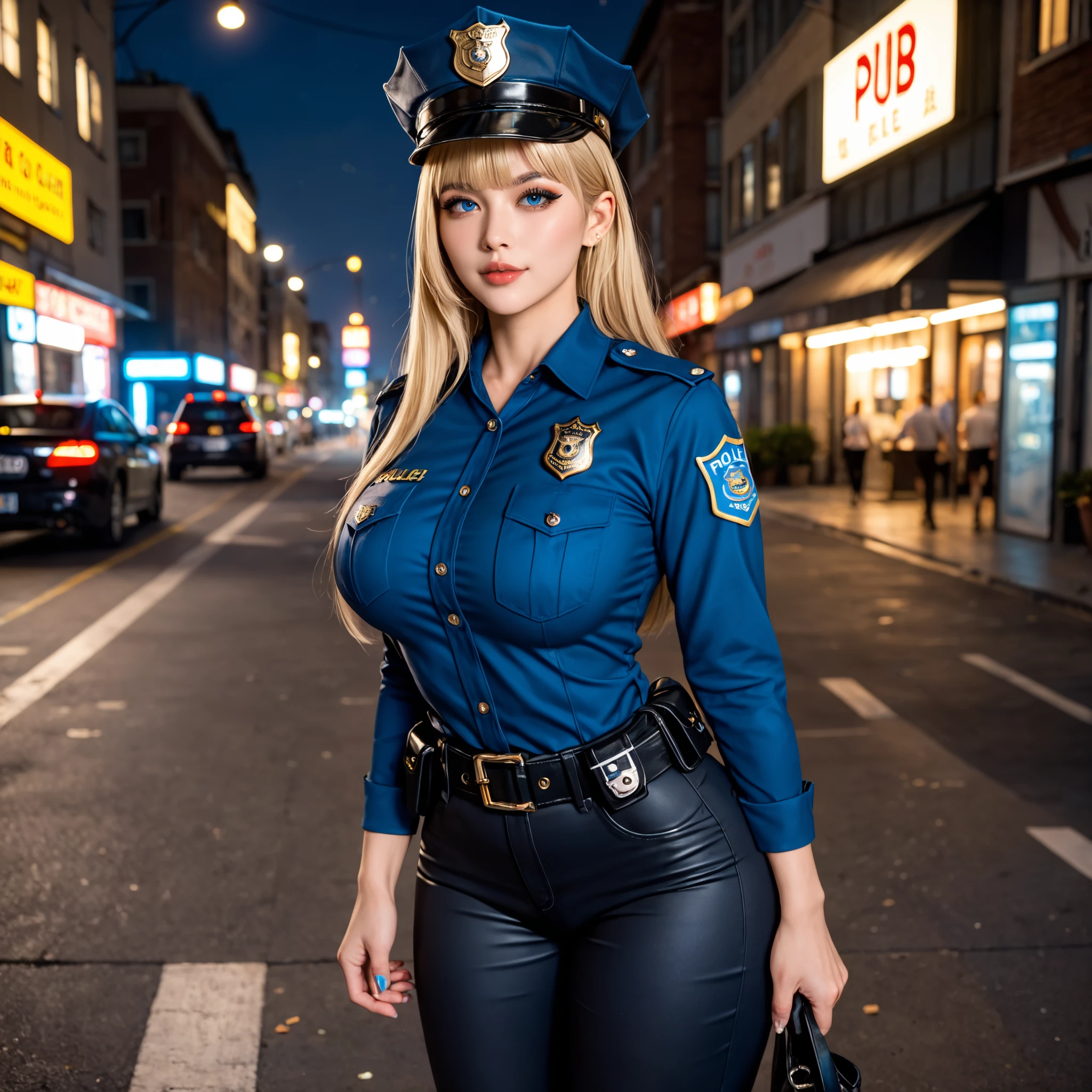 Masterpiece, best quality, detailed face, MILF, blonde hair, Police uniform, standing, hands on hips, police cap,in street, looking at viewer, neutral face