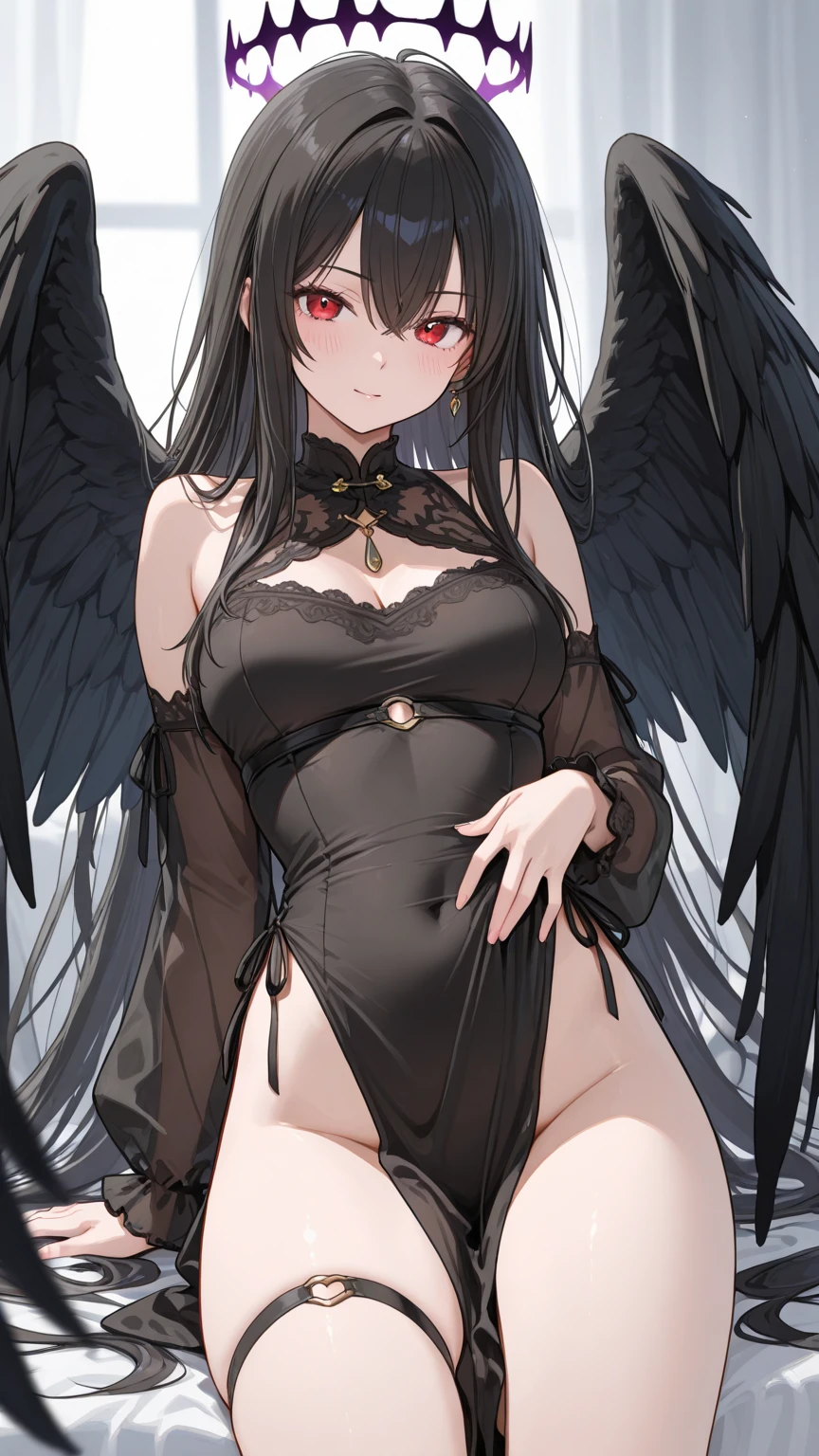 Ultra Detailed , girl , small girl , very long black hair braided, green eyes , disgusted , body , nun's , black angel wings , seios planos , hands praying , lingerie thong , garterbelt meias longas , inocente , church .