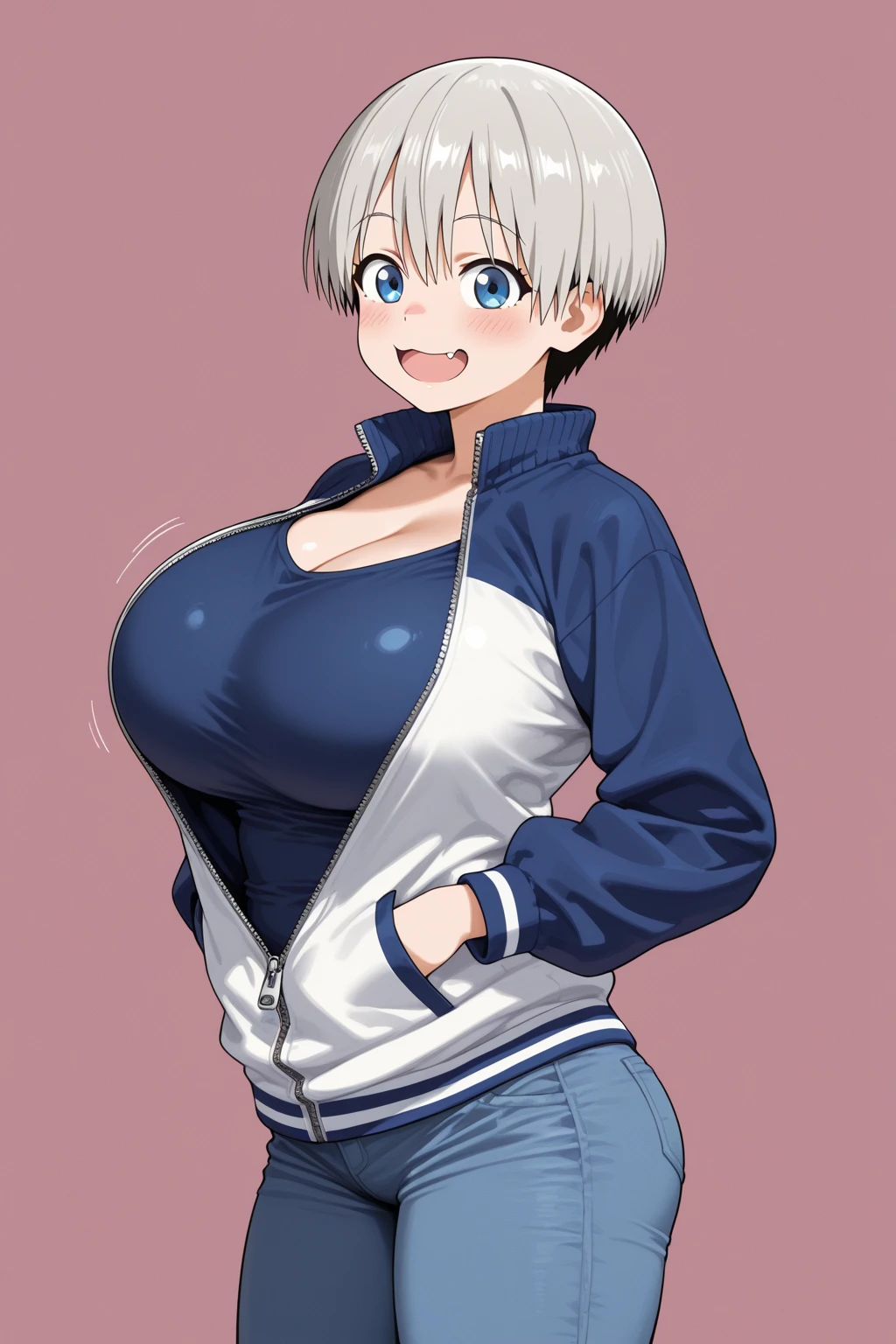 masterpiece,1 girl,solo,(uzakihana:1.1),(smirk:1.3),fangs,(blue skirt,white long sleeve,clothes writing:1.2),beach,(gigantic breasts:1.2) <lora:uzakihana:1>