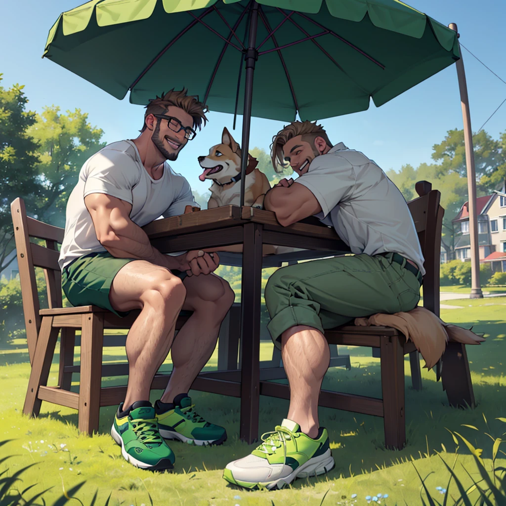 32k, solo man,  1man show, a man with a dark blond beard and well groomed ,a dark blond hair  ,stephen amell  wearing( glasses, topless and hairy chest ,(dark green short ),(dark green shoes),in a park,sitting on a table  cloth spread on the grass near him a picnic basket and lot of kittens , high well detailed face fingers body parts  focus, happy smile, happy cats, heart-warming sceme lot of cat cuddling , seen from the front to side