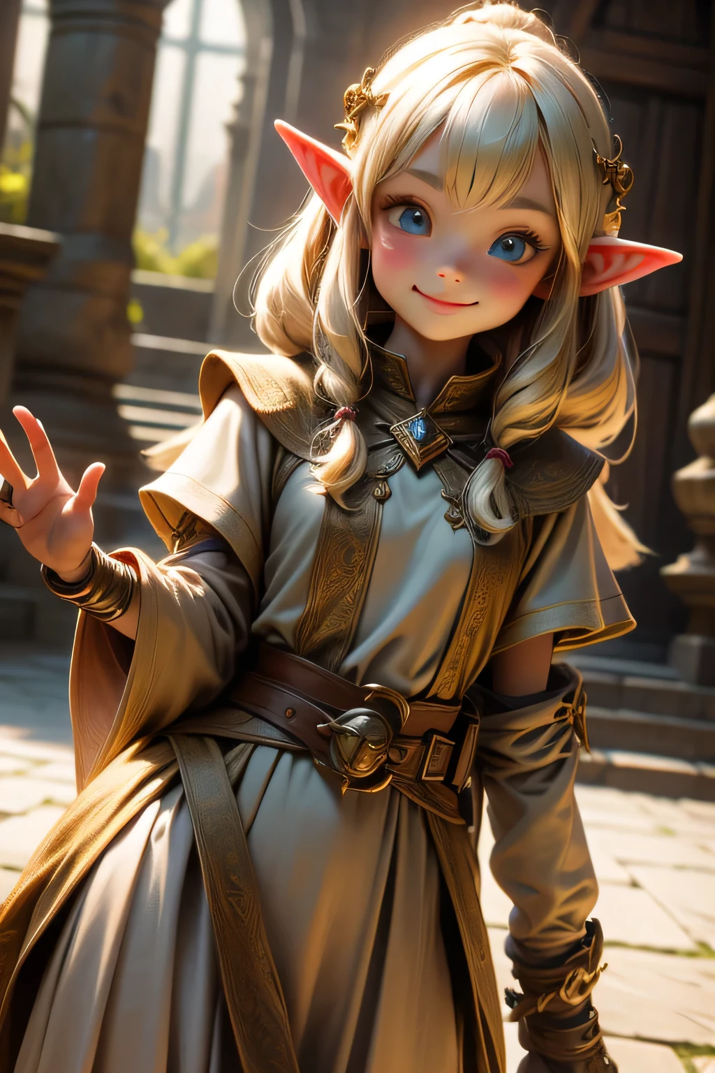(high definition) 1 Girl, alone, elf girl in armor, elven girl, elf, armor, and medieval clothing, a crown in the cave, cape, ancient Greek ruins,