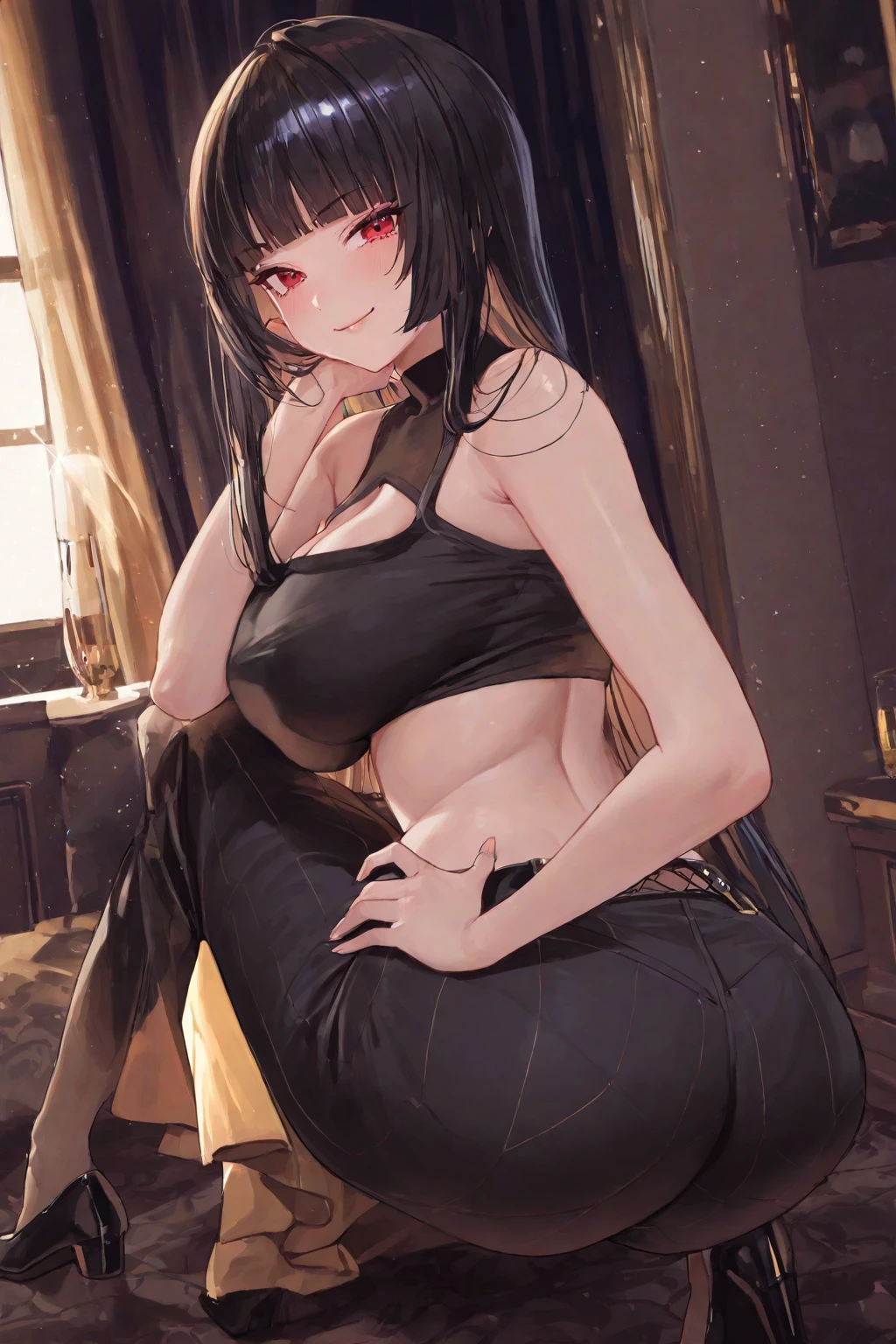 Long black haired Busty girl, nude, sitting on her knees, pleassure faced, covered in semen, 3 dicks hanging from above