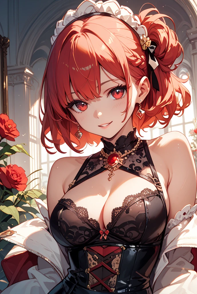 Highest quality、highest quality、Highest Resolution、beautiful girl, Bright red hair,Short Hair、Big Tits、Hair clip, Detailed purple eyes, A gorgeous red dress that looks like underwear,Firm breasts,Gold Necklace、Golden earrings、In close range、Sexy look、Poses that accentuate the chest