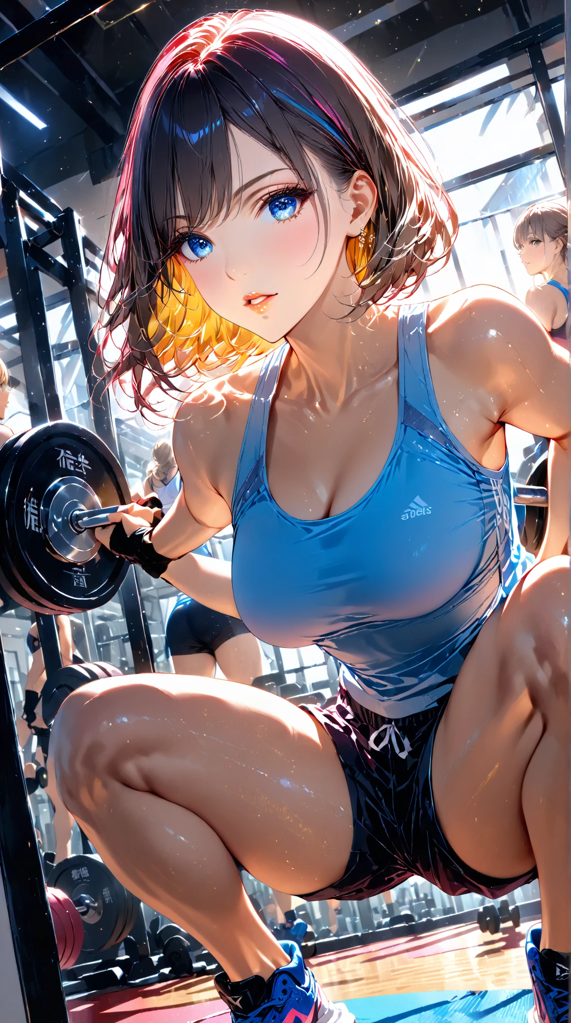 1girls abs armpit hair bare shoulders belly big ass black eyes black hair breasts dumbbell exercise female only hairy happy trail huge ass huge breasts large ass midriff muscular muscular female pants pubic hair shirt short hair slightly chubby tank top thick thighs treasure trail venus body weightlifting wide hips