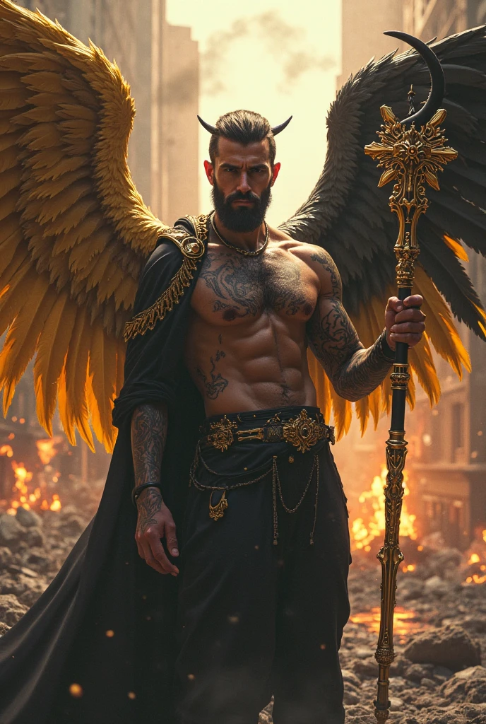 Man with large white feathered wings on his back, Wearing Tunic, Angel of the Mysteries, dark black background with gray half light, Magician, large wings, Sean O'Pry, wearing short black beard, wearing Golden Crown, focus on face details, serious and attractive man, wearing white tunic, magical and royal effect, movie cover, powerful heavenly warrior, similar to Sean O'Pry model, dark black image background, (8k, RAW photo, best quality, masterpiece: 1.2), (realistic, realistic photo: 1.37), professional lighting.