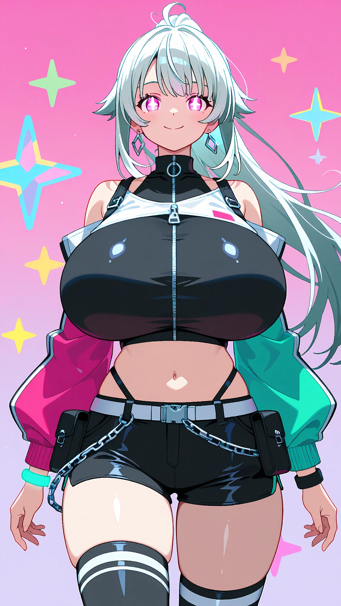 background, mixed-language_text, Japanese letters in graffit, ashley alexiss beautiful woman, long black hair, excellent lighting, sidelighting, perfect ultimate (flat color pink bubblegum gradient: 1.3), (magazine_cover: 1.4), (multicolored_background: 1.3), striped_background, card_background, :: discs with sharp and shiny blades in hand :: circular pieces of white metals glued to the ultra detailed arms coming out sparkling glow,  black star design stamped in the middle of the t-shirt, perfect and detailed sculptural body, ultra detailed shirt with abstract design and with Japanese letter print in grafit of the sides of the clothing, worn jeans, big breast, with immersive effects, hover effect, background graffiti style flowers with flowers and vibrant colors, "ultra" hdr detailed and with focus effect,  (masterpiece: 1.2, best quality), (beautiful emerald yellow eyes with huge finely detailed eyelashes: 1.2), , ((Solo)), (Finely detailed eyes and detailed face:1.3),beautiful ultra-detailed eyes, lineart light smile, graffiti and tattoo style backdrop, woman, alone. midriff, skintight bodysuit with detailed tattoo-style print, ultra-detailed red gradient leather jacket, hot thighs, black skintight pants with ultra-detailed white and pink detailing, large breasts, ultra-detailed bracelets on arms, , bracelet on right arm with ultra bright red energy