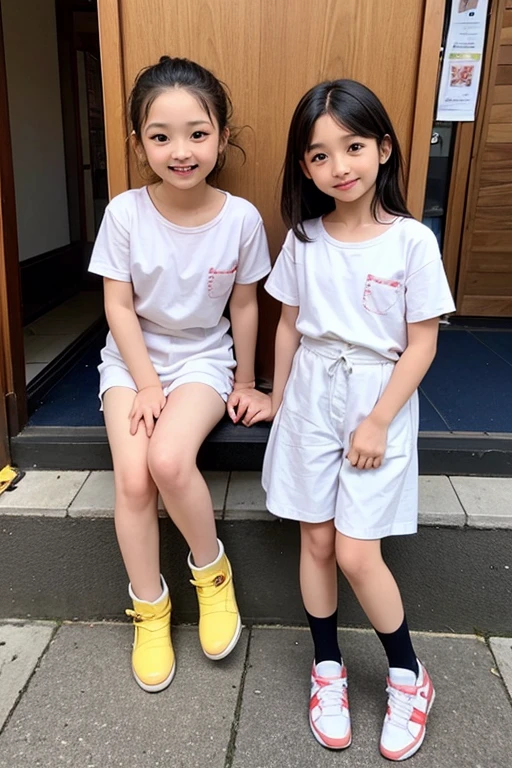 Four smiling elementary school girls in hot pants in the park, hot pants, denim, one girl, cute girls, about 9 years old, idol, cute children, girl , shorts, cute, 8k high quality, best quality, Japanese, young girls, best quality, color.　