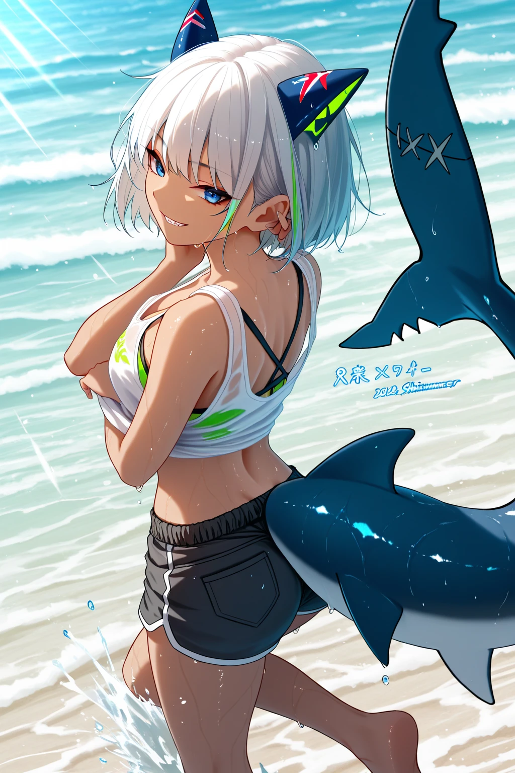 (masterpiece, best quality), intricate details,, 1girl, Gura, blue shark Tail, shark teeth, Jack-O pose, v-tuber, blue eyes, small height, white hair