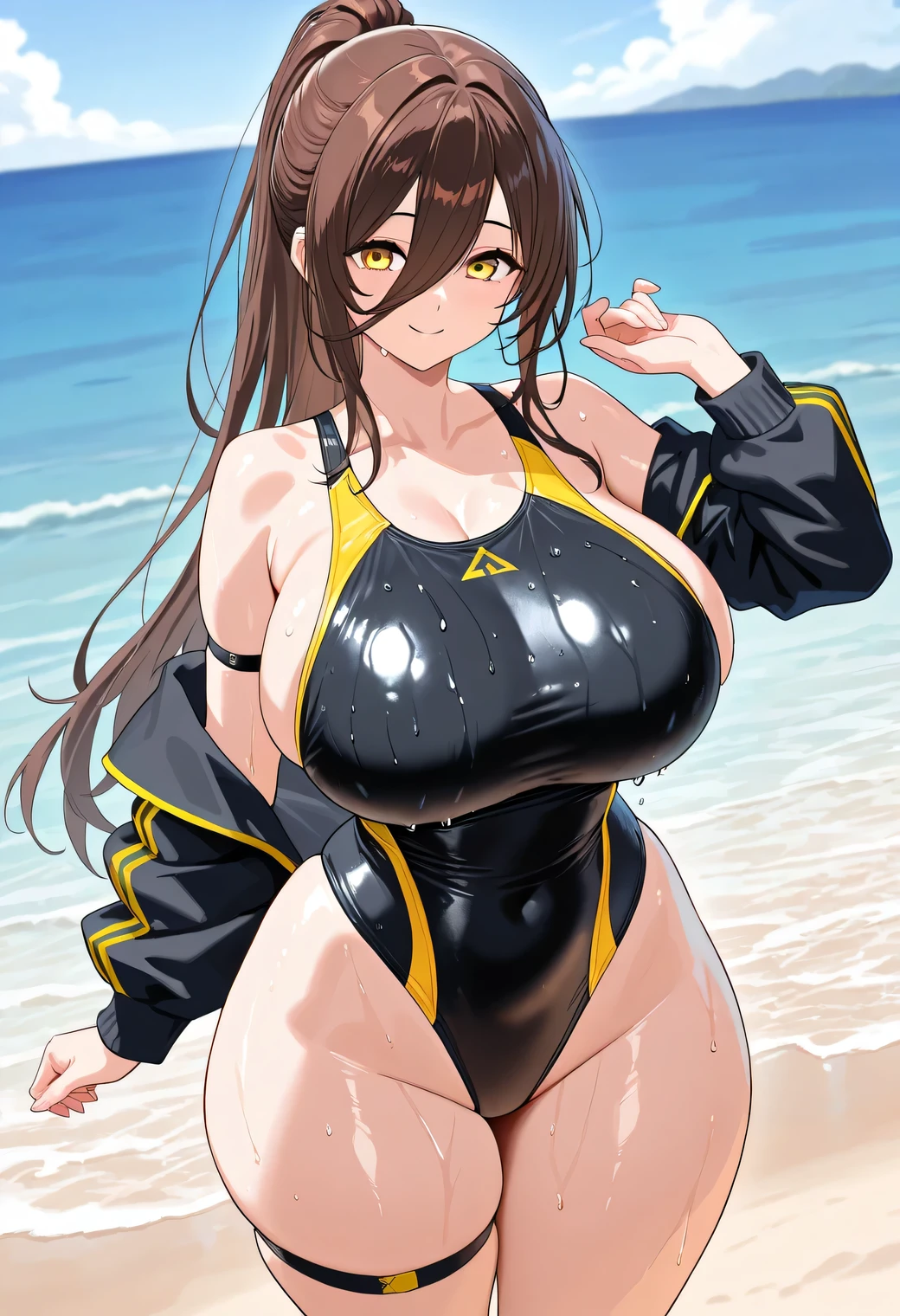 1girl, large breasts, wide hips, thick thighs, brown hair, ponytail, yellow eyes, smirk, smug, smile, one-piece swimsuit, competition swimsuit, black swimsuit, pool, sleeves, long sleeves, yellow trim, yellow line, bare legs