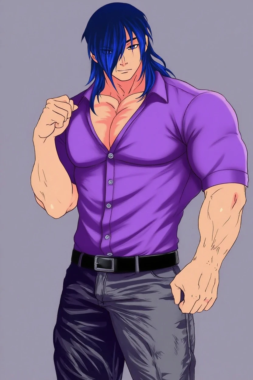 score_9, score_8_up, score_7_up, score_6_up, score_5_up, score_4_up, tight, male focus, denim, manly, pants, 1boy, jeans, muscular, solo, muscular male, torn clothes, bara, shirt, pectorals, belt, ear piercing, tattoo, thick arms, animal ears, chair, sitting, piercing, biceps, facial hair, thick thighs, tail, mature male, long hair, looking at viewer, watch, thighs, t-shirt, multicolored hair, jewelry, earrings, red eyes, thick eyebrows, large pectorals, purple hair, feet out of frame, bulge, leather belt, dark skin, fang, abs, dark-skinned male, arm tattoo, torn pants, blue hair, wristwatch, black belt, teeth, beard, simple background, gradient hair
