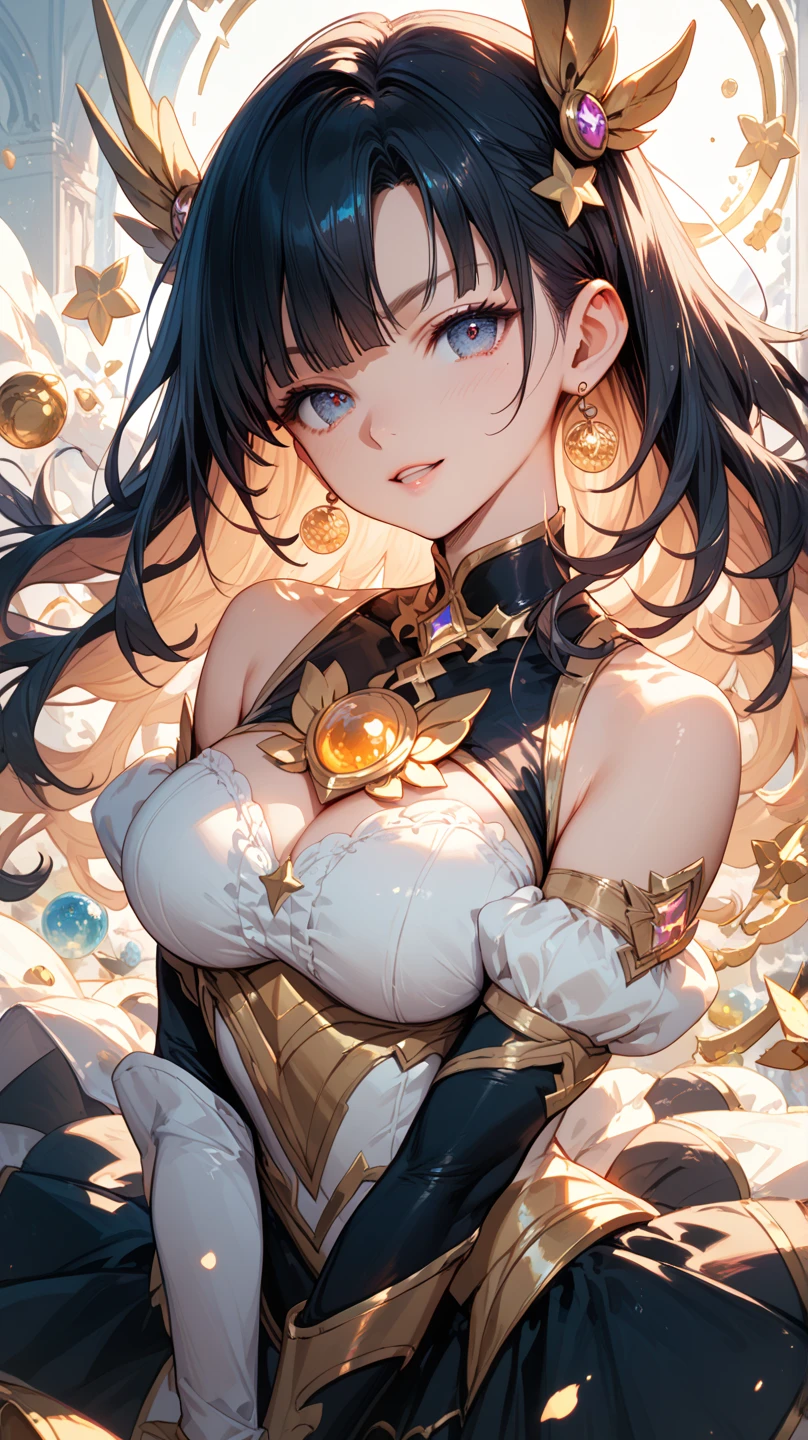Woman with very long wavy black hair tan skin, massive breast,  wearing a beautiful dark majenta  glitter dress and smiling up. Little, surrounded by outerspace, planets, and galaxies