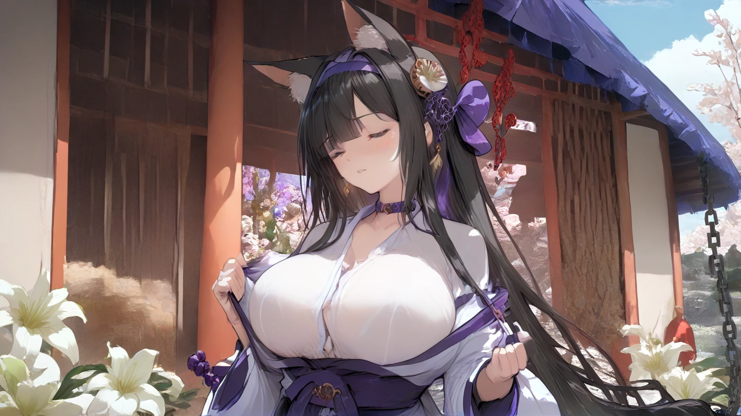 female, A beast with animal ears, pointy animal ears, huge breasts, big bust, kimono, 붉은색 kimono에 흰색 엣지 추가, 8 Head height, Big stature, full body photo, flower headdress, animated movie, 2D character, game character, 