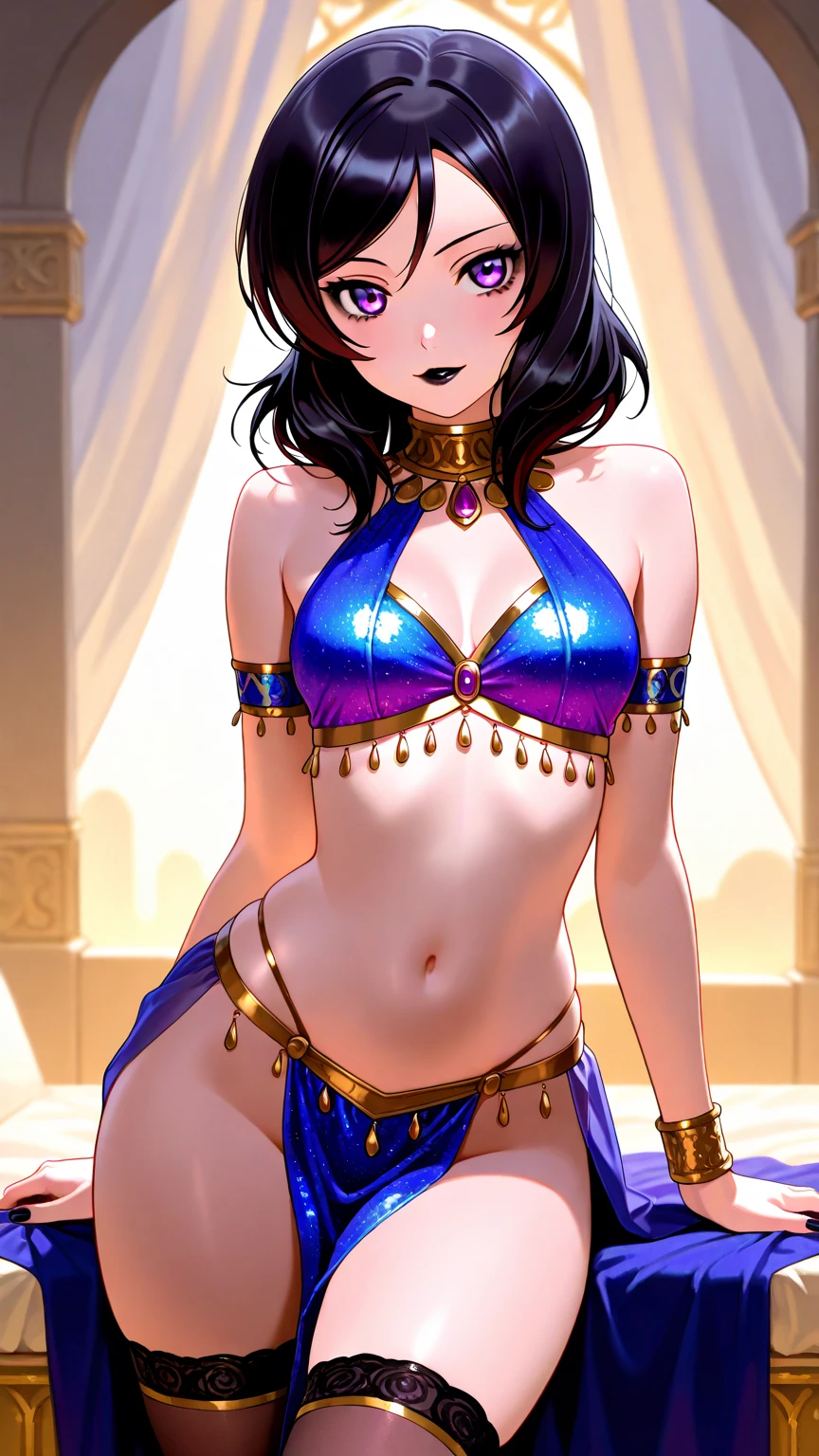 1girl, feminine and girly, thong, background, blush, see-through belly dancer outfit, big butt, belly dancer, innocent and cute girl, the girl is about 20 years old, butt, dancing, arabic harem, see-through silk, gold jewelry, (see-through silk clothes), arabic harem interior, long hair, ass sway, motion lines, see-through top, cameltoe, arabic harem interior, view from behind, pert ass, huge ass, (large breasts), wide hips, indoors, voluptuous, fullbody shot, audience,