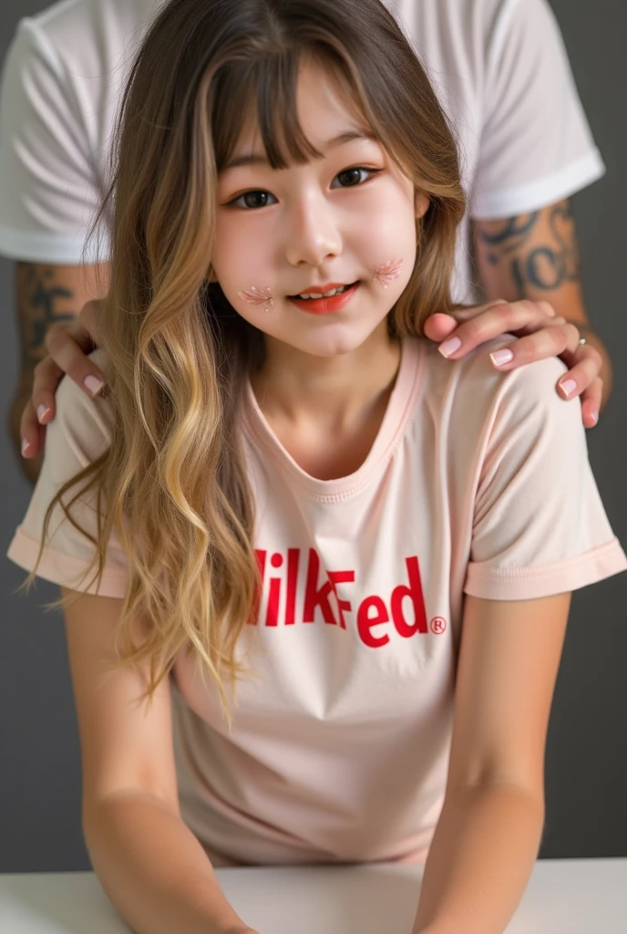 pastel colors t-shirt,off-shoulder look,bare shoulder,ollarbone,midriff peek,short shorts,(open mouth:1.5),(tongue out:2),Kneeling,Standing Upright,Hands between legs,Collar with leash,front view,face focus,from above(1girl,Beautiful 14 year old girl,teenager),((Slender,Small breasts,Small face,)),(looking at viewer),Black Hair,bangs,one side up,Beautiful and detailed,(Dimly lit room:1.5),White bed