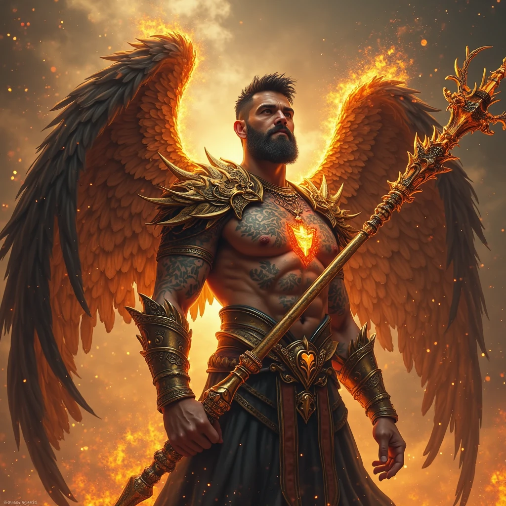 foto ultra realista homem anjo guerreiro, Terrible countenance , asas douradas, strong muscles, Fire sword in hand, mountainous region, octane rendering, 16k UHD, high details, super detail, best quality, 8k