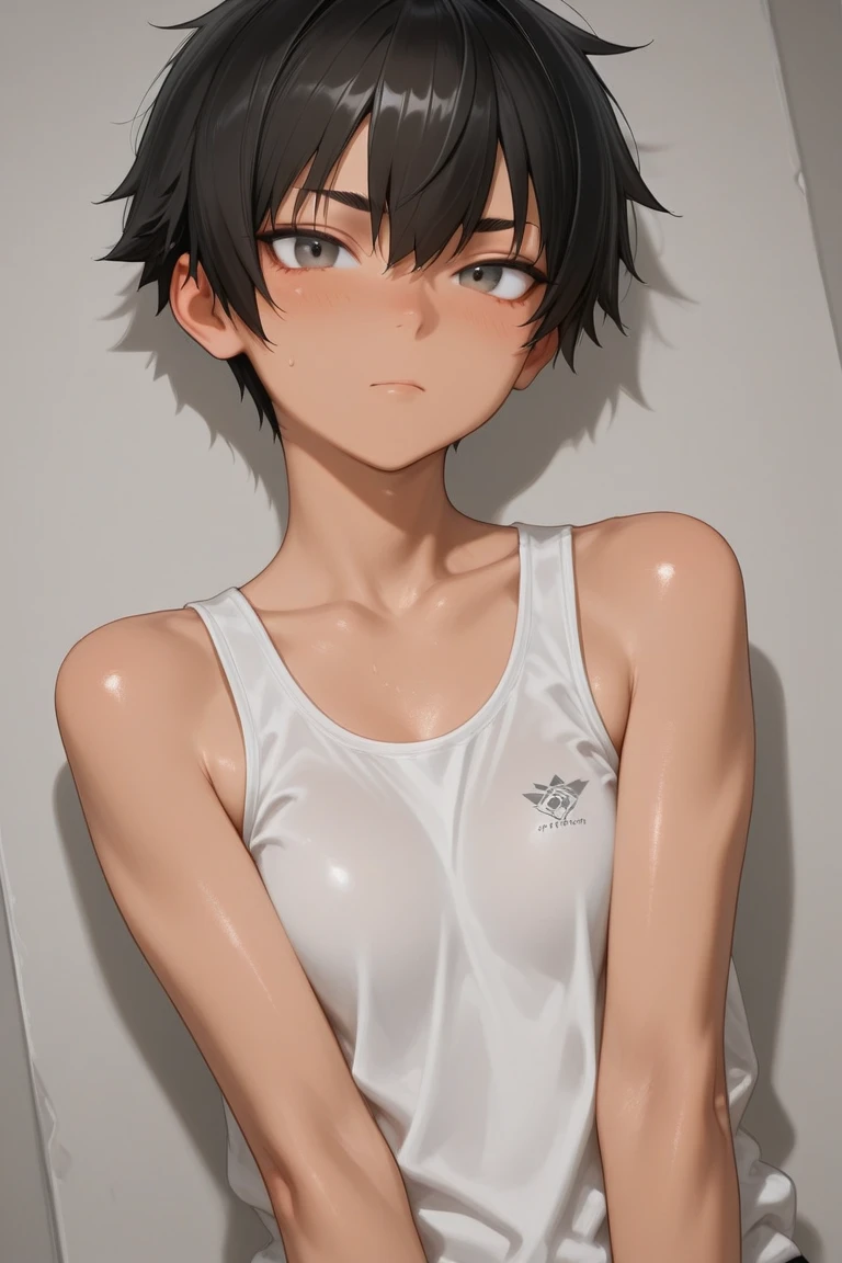 Highest quality、Realistic、zoom、man、cute、Grey Eyes、Light brown hair、short hair、White briefs、thin、Pouting、、shower room、Cowboy Shot