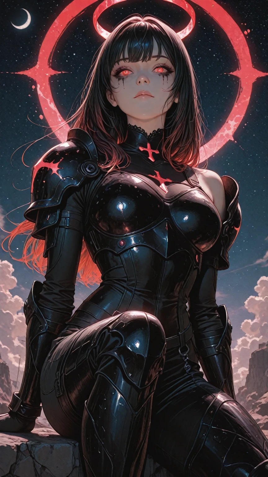 ((best quality, masterpiece)),
(A Girl :1.3), from behind, power pose, (Fractal Art :1.3), Movie Light, (Hell Building), Death Light, ((red Particles):1.2), Demon, Moon, clouds, Bright Moonlight Skull, Very long hair, clothes with ridiculous Details, Whirlwinds, <lora:more_details:0.5>