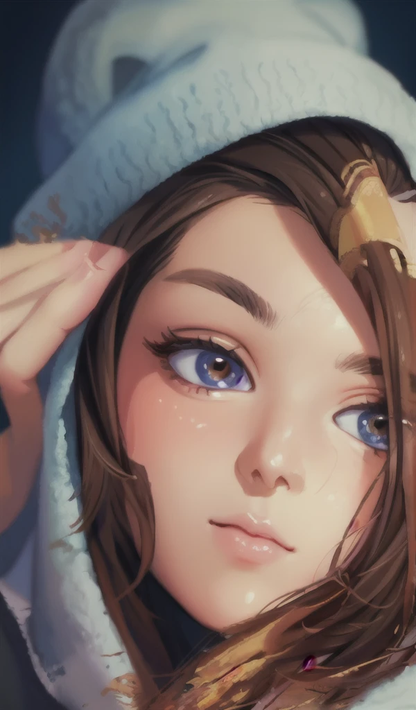 Woman, Brown Hair, Blue Eyes:1.2, Very Large Breasts, Blushing, (Panda Bear Pajamas) ([black and white] Onsie Pajamas with Panda Bear Hood), Plunging Neckline, (Taking a Selfie)