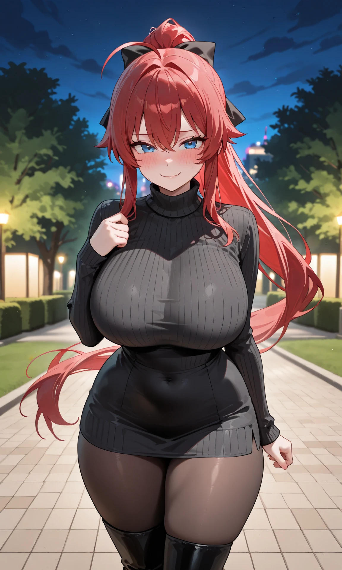 BREAK looking at viewer, BREAK outdoors, BREAK (masterpiece:1.2), best quality, high resolution, unity 8k wallpaper, (illustration:0.8), (beautiful detailed eyes:1.6), extremely detailed face, perfect lighting, extremely detailed CG, (perfect hands, perfect ???????),makima, long hair, smile, bangs, (medium breasts:1.2), (yellow eyes:1.2),city,street,wet road,night, braid, red hair, braided ponytail, ringed eyes,japanese dress,black dress,neckline,cleavege,skinny fit,medium breasts,from above,full body.
