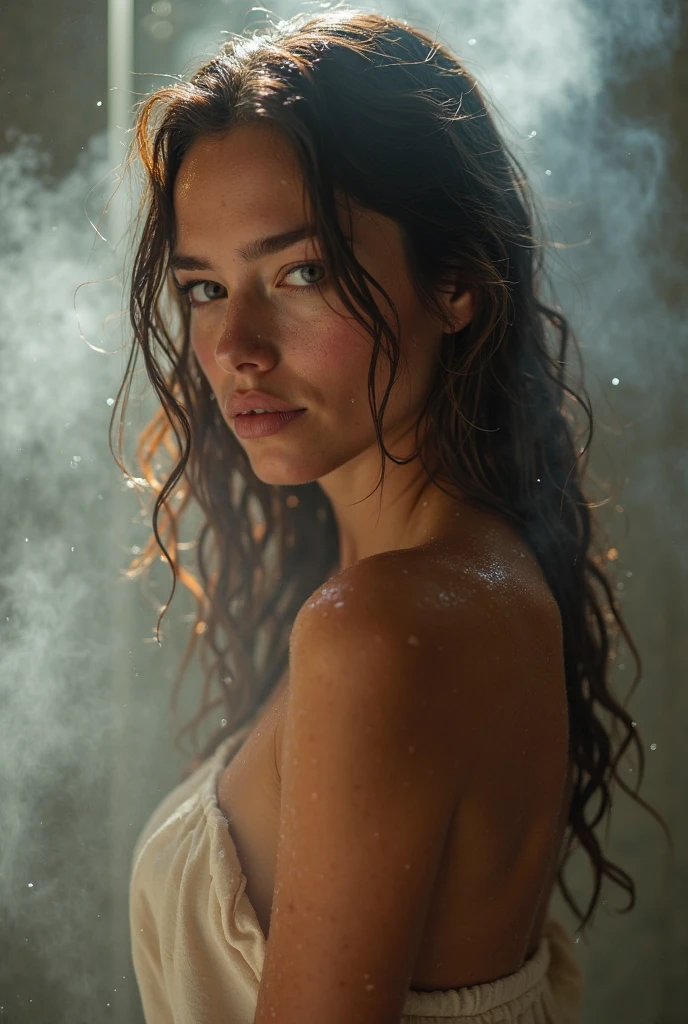 Beautiful woman standing under running shower, wet clothes, soaked, long maxi dress, plunging neckline, wet skin, wet hair, daylight, soaked in oil, dripping oil, dripping water, running water, high resolution, best quality, sexy, 8k, translucent, wet, jewelry, looking at viewer, smile