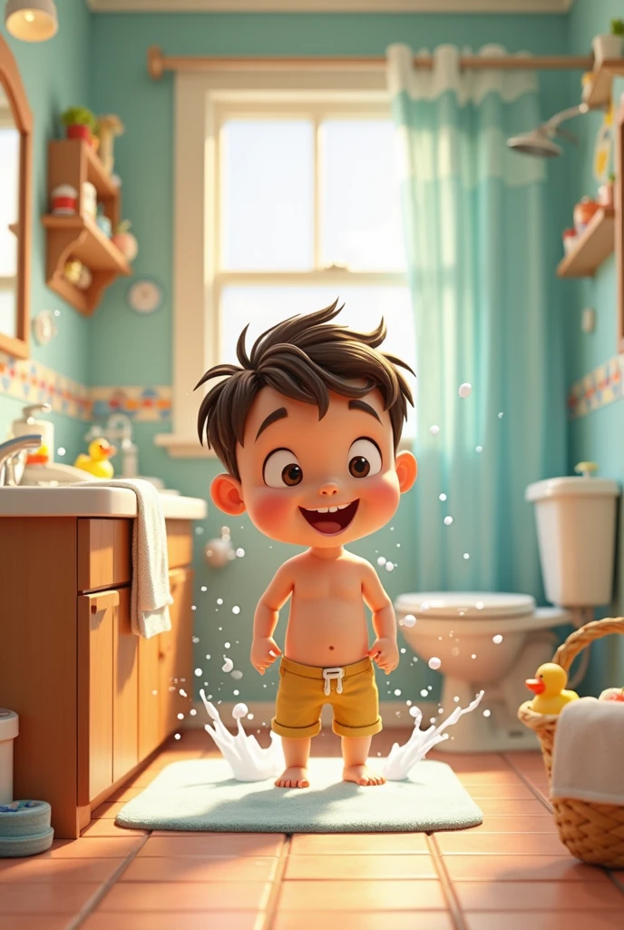 A white man, at 3, model type, with short dark hair, with blue eyes, wearing a white shirt and blue shorts, from sideways,  and showing her ass in the shower