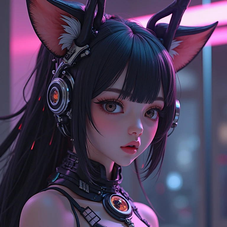 black hair, hair bobbles, wince, longeyelashes, solid circle eyes, fake animal ears, light smile, ear blush, fang, Surrealism, drop shadow, anaglyph, stereogram, tachi-e, pov, atmospheric perspective, 8k, super detail, ccurate, best quality and naked