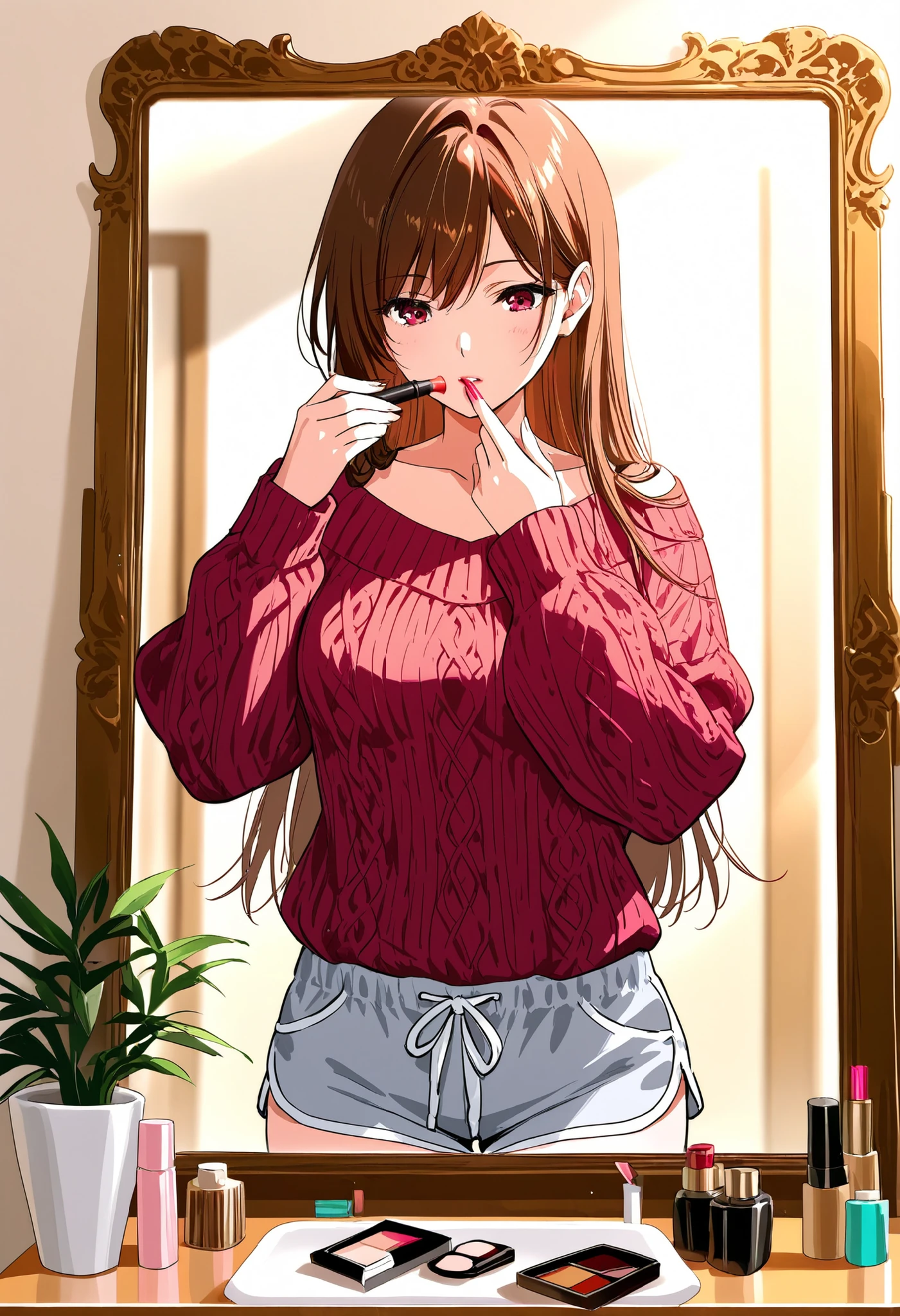 Beautiful woman　30 years old　married woman　Glamour　 knit 　shorts　I'm applying makeup while looking in the mirror　Apply gloss