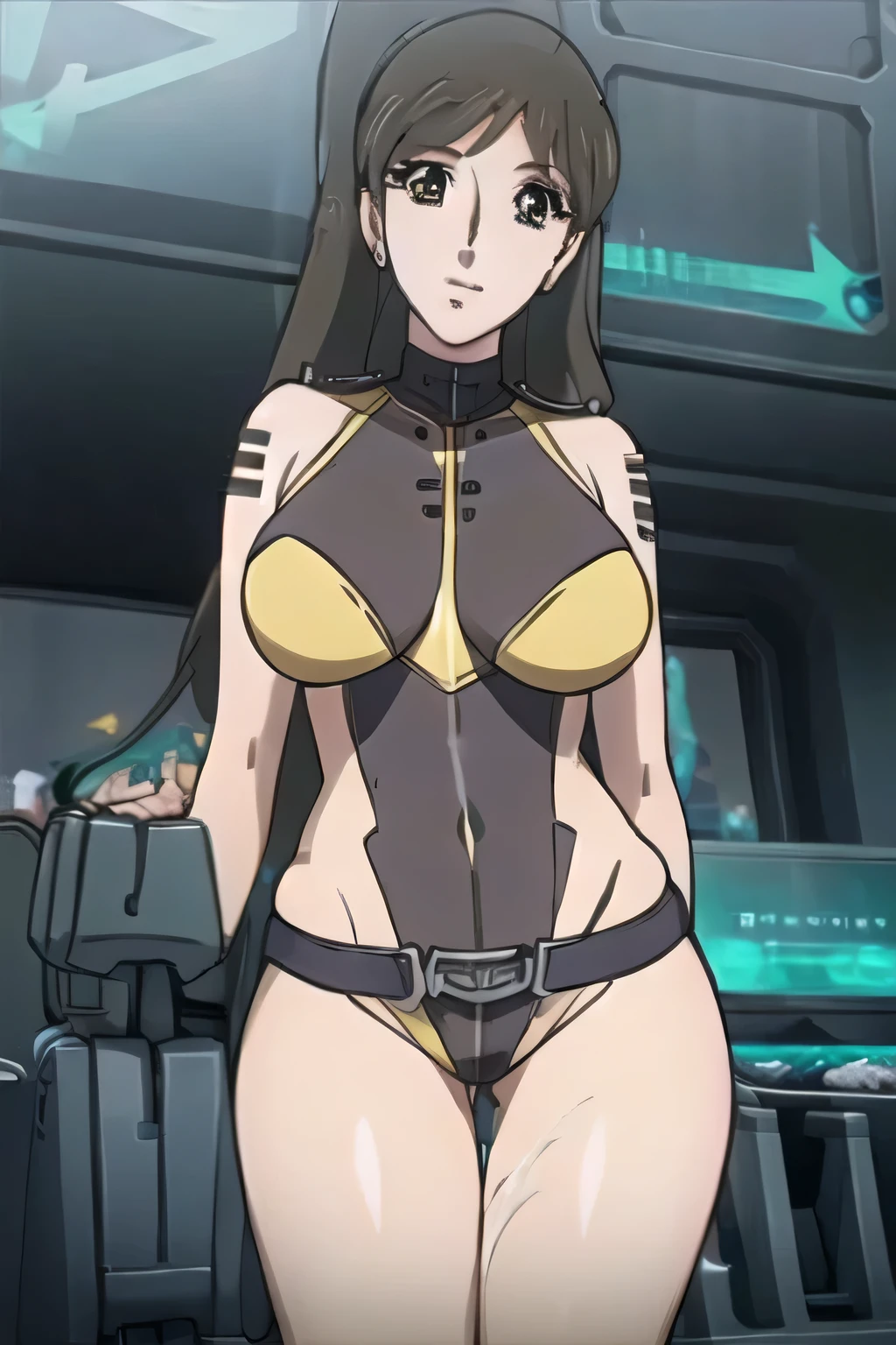 Masterpiece, best quality, Masterpiece, best quality, 1 woman , Karin , black skin , yellow eyes , long black hair , sly face , black bikini , abdomen, big breasts , Long legs , hands on hips , Barefoot abandoned factory 