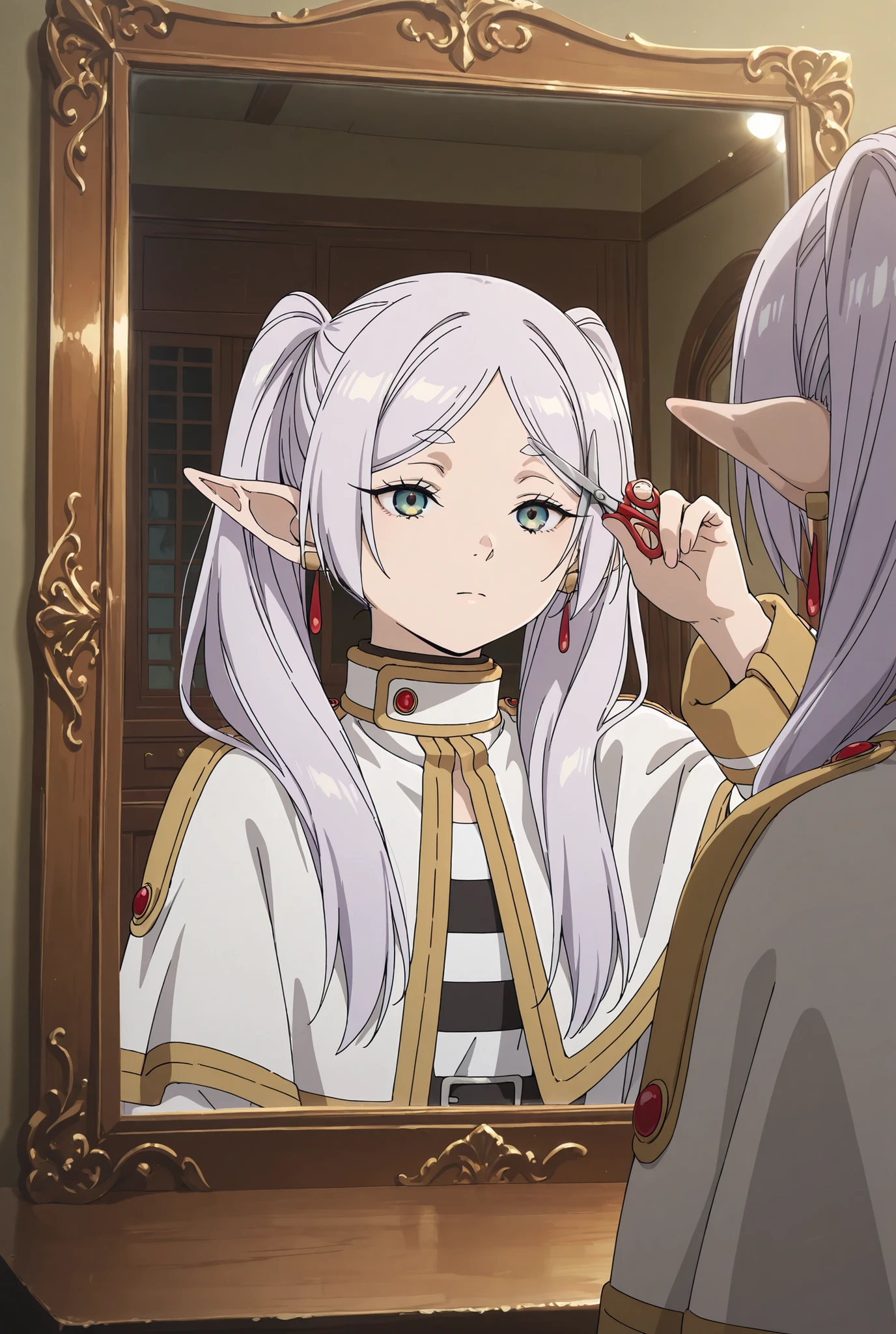 masterpiece, best quality, absurdres, safe 1girl, cutting own hair, holding scissors, frieren, looking at mirror, desk,


,anime screencap,anime coloring,anime screenshot